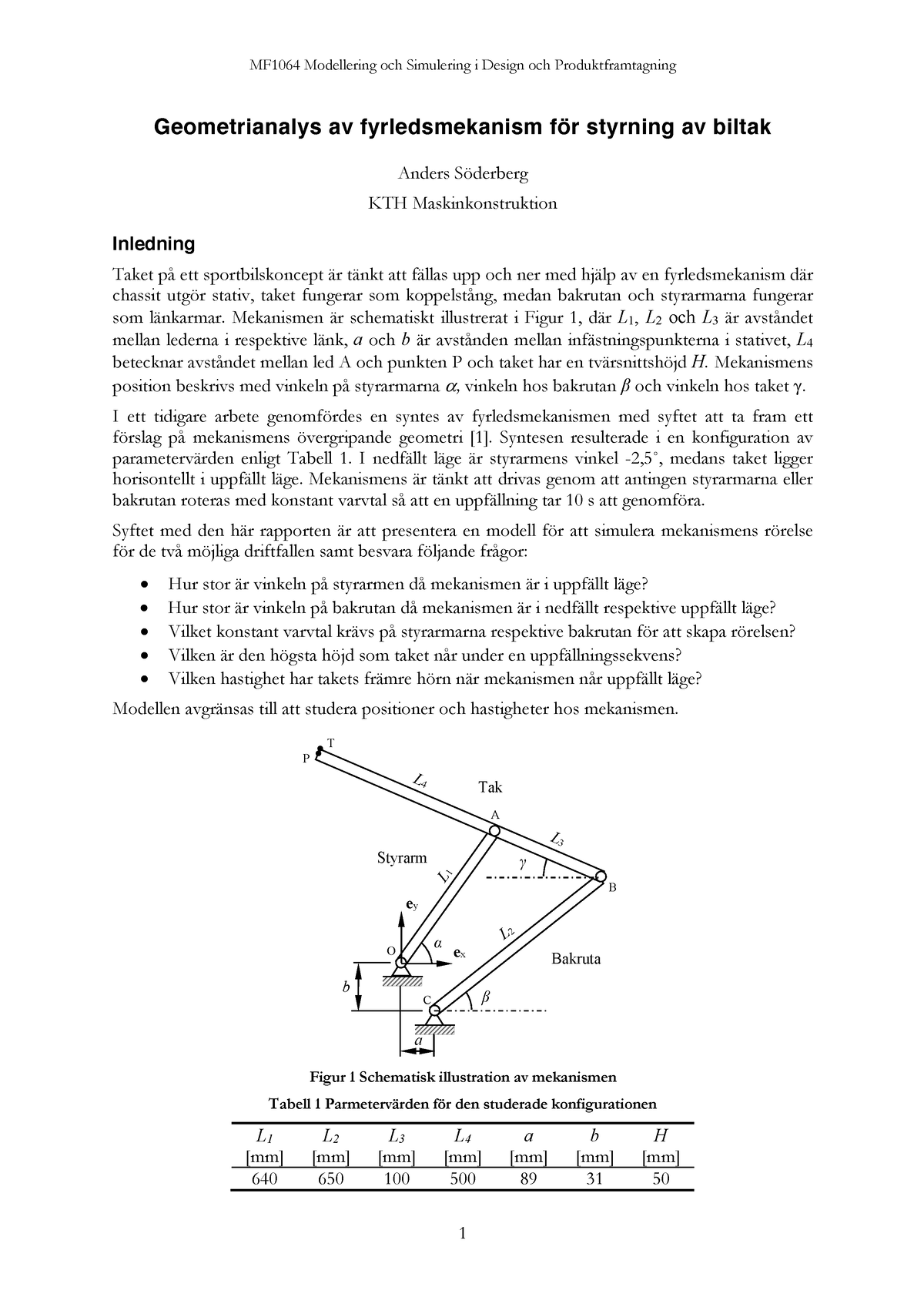 MF1064 VT22 U2 Exempelrapport - Geometrianalys Av Fyrledsmekanism För ...