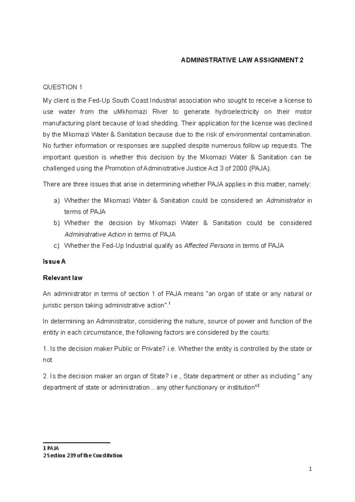 Administrative Action - ADMINISTRATIVE LAW ASSIGNMENT 2 QUESTION 1 My ...