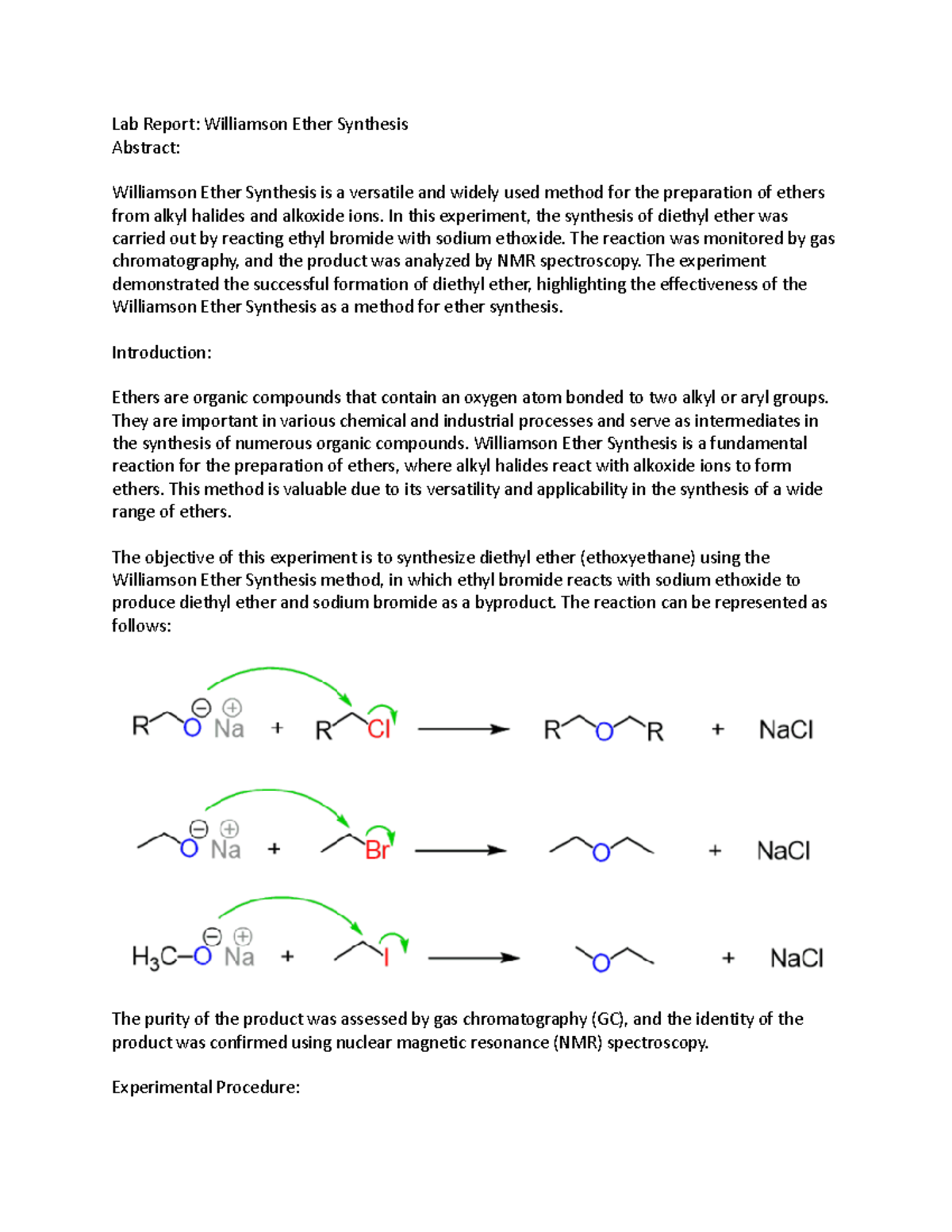 Lab Report - In this experiment, the synthesis of diethyl ether was ...