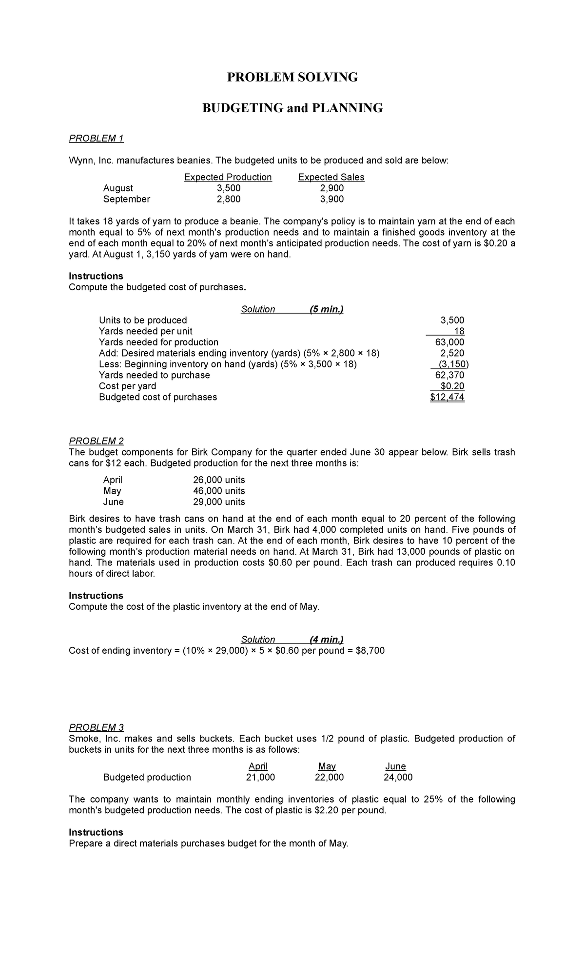 budgeting problem solving scenarios