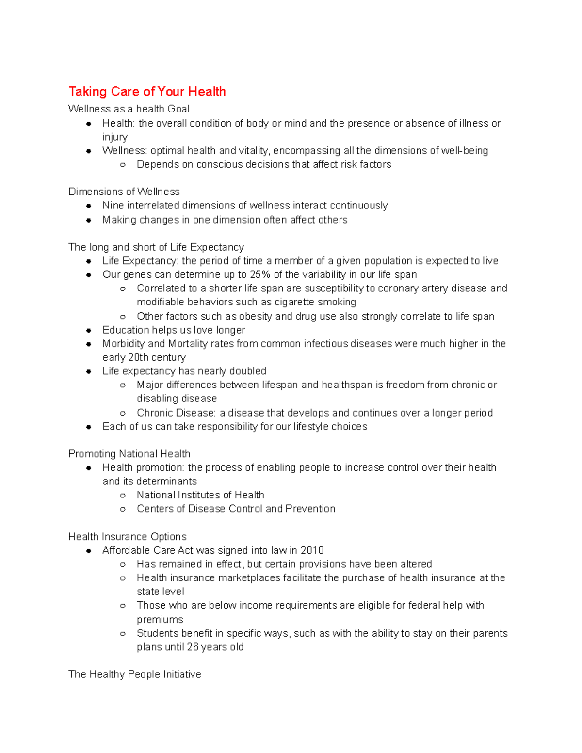 HTH 2513 Taking Care of Your Health Taking Care of Your Health