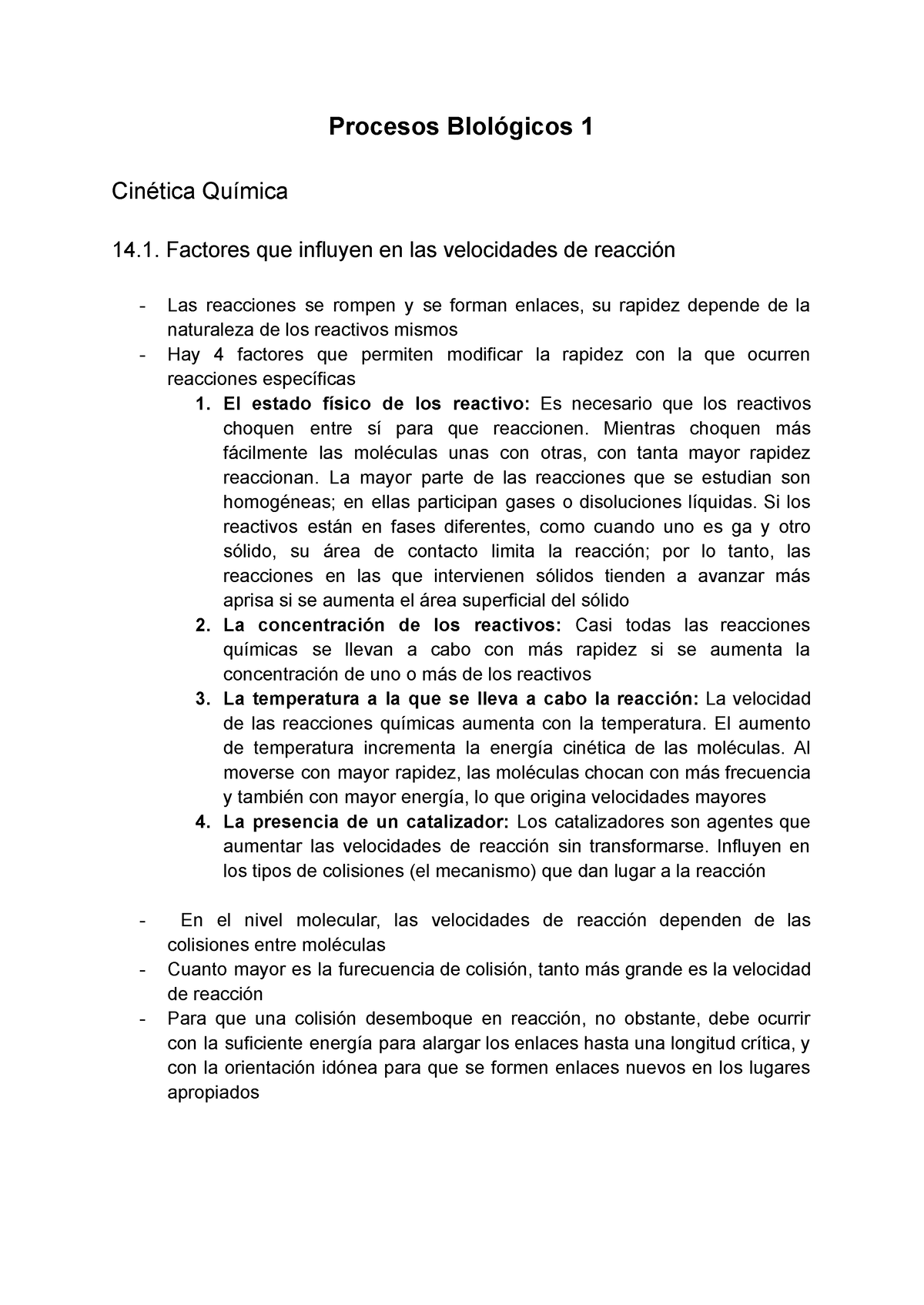 Procesos BIológicos 1 Semana 4 - Procesos BIológicos 1 Cinética Química ...