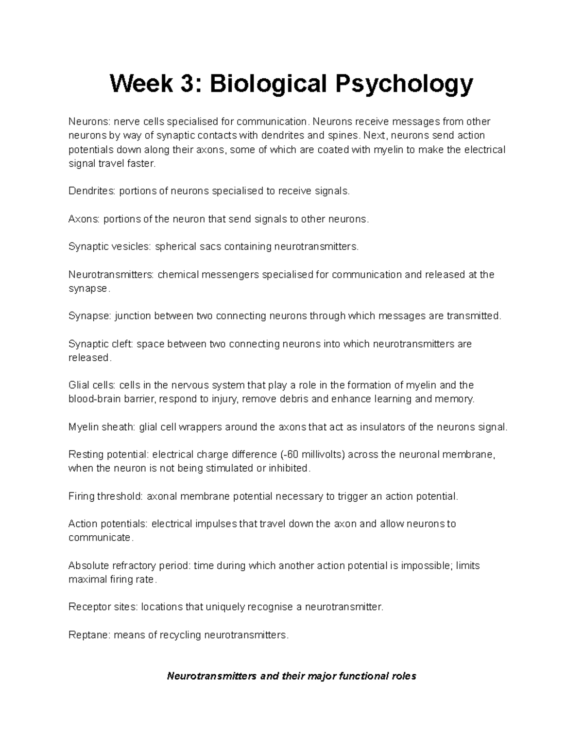 PSY101 Week 3 Biological Psychology Lecture Notes - Week 3: Biological ...