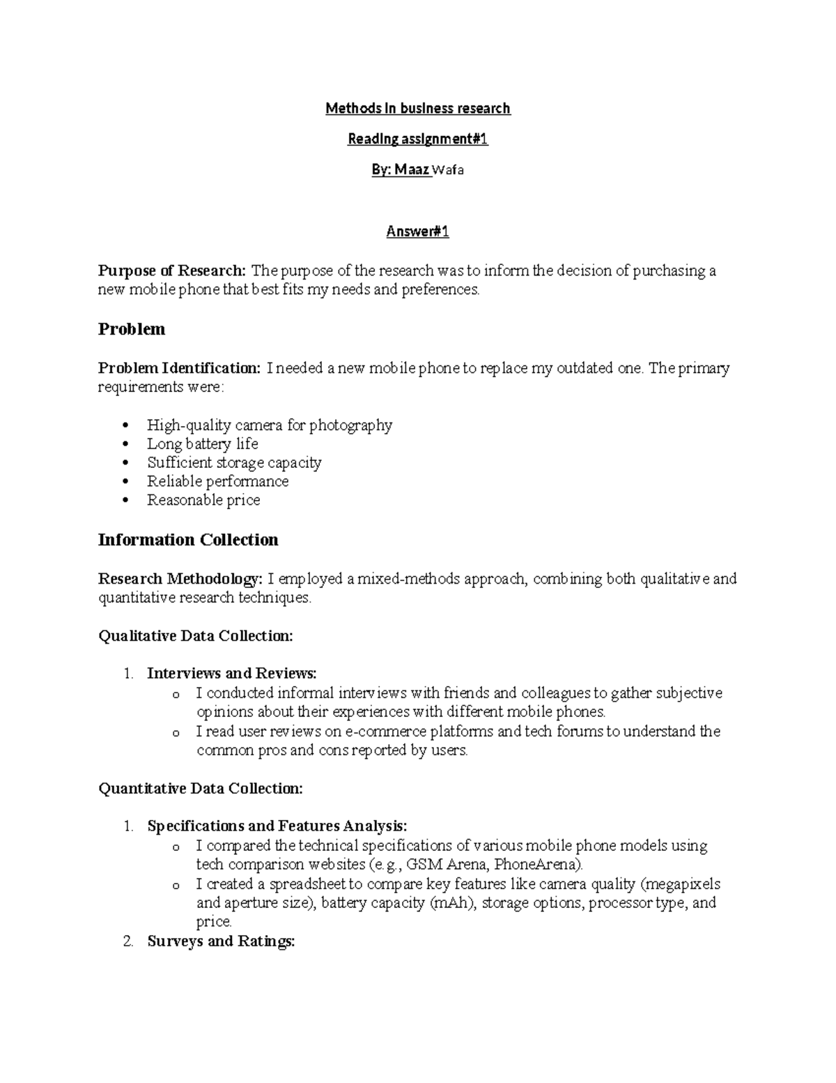 Methods in business research Assignment#1 - Methods in business ...