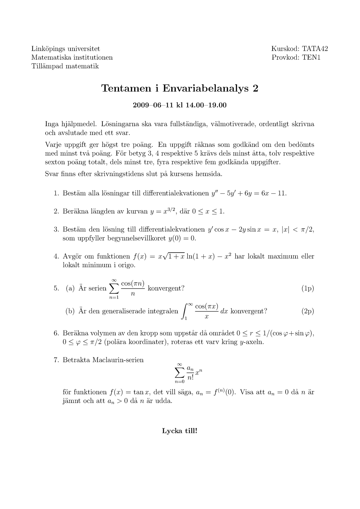 TATA42 - 2009-06-11 - Sammanfattning - Link ̈opings Universitet Kurskod ...