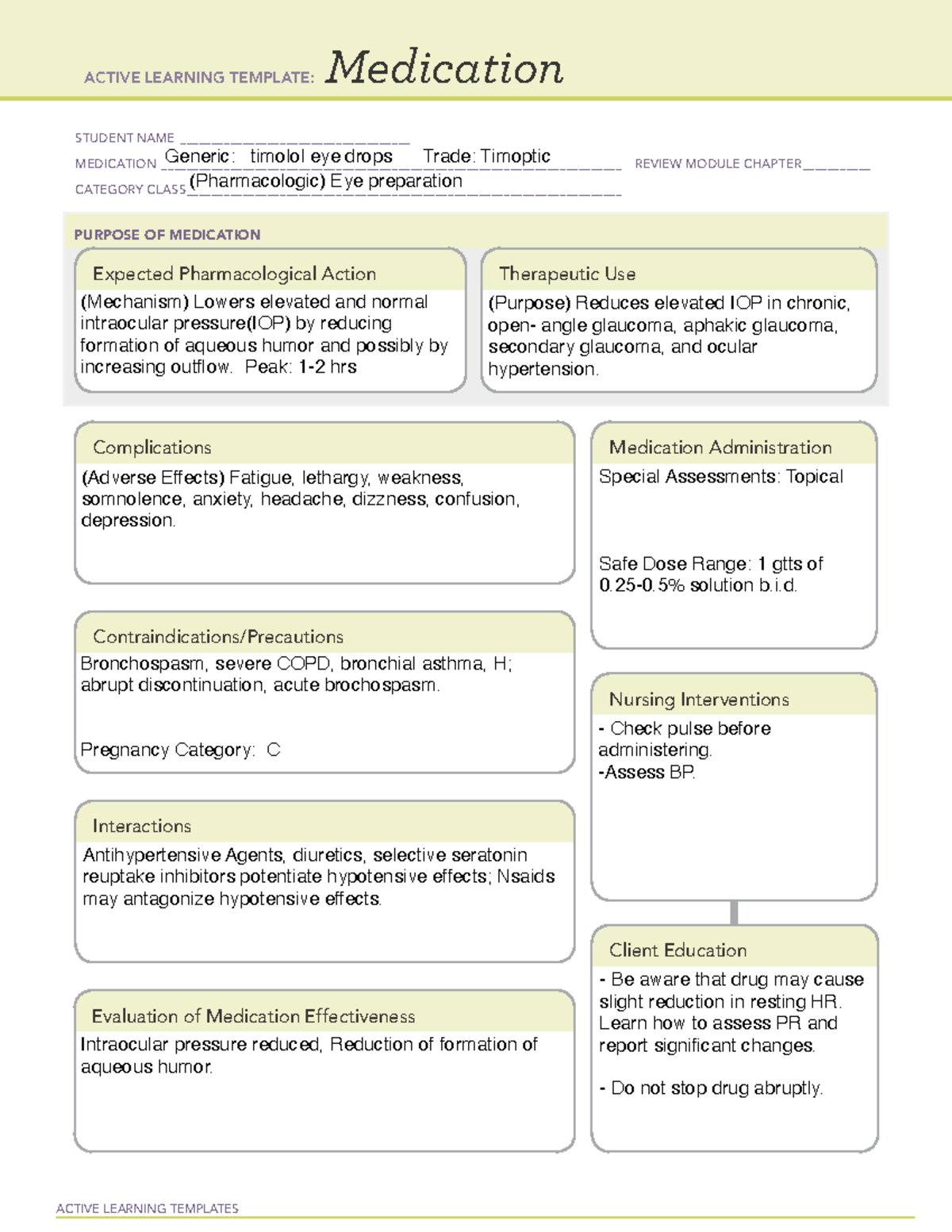 Timoptic - Med Cards - ACTIVE LEARNING TEMPLATES Medication STUDENT ...