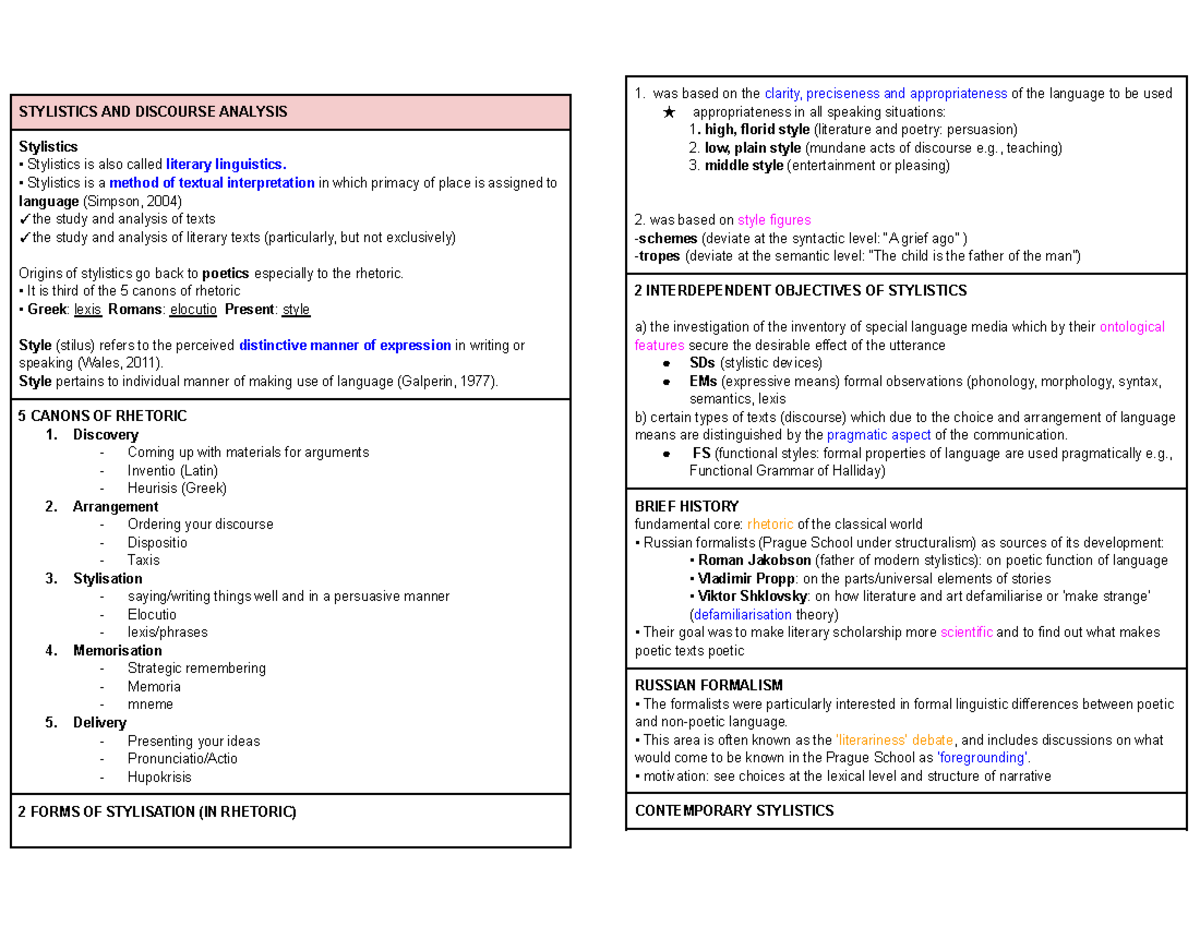 SDA Notes - STYLISTICS AND DISCOURSE ANALYSIS Stylistics Stylistics is ...