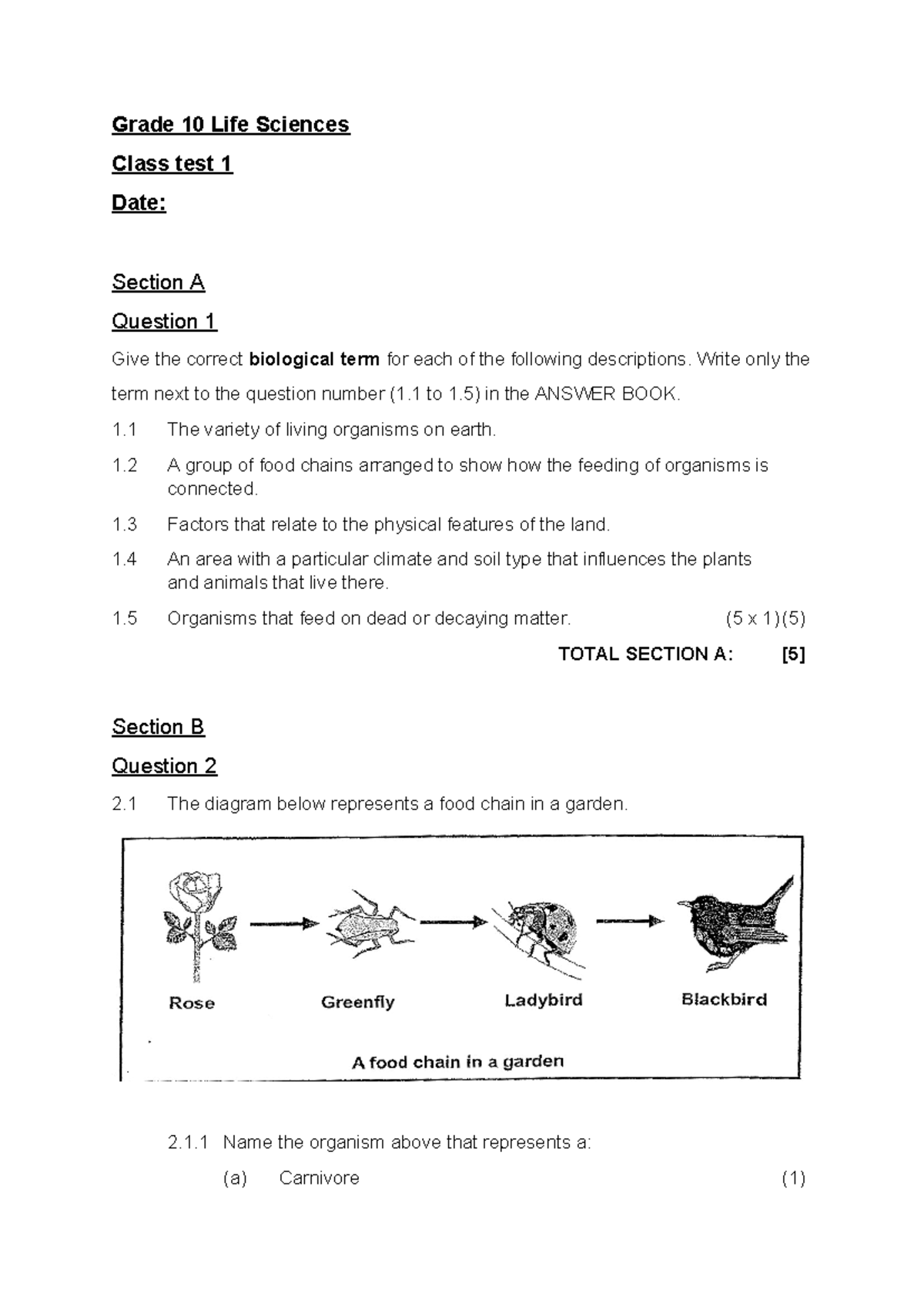 Life Sciences Grade 10 Ecosystems Class Test1 Grade 10 Life Sciences Class Test 1 Date