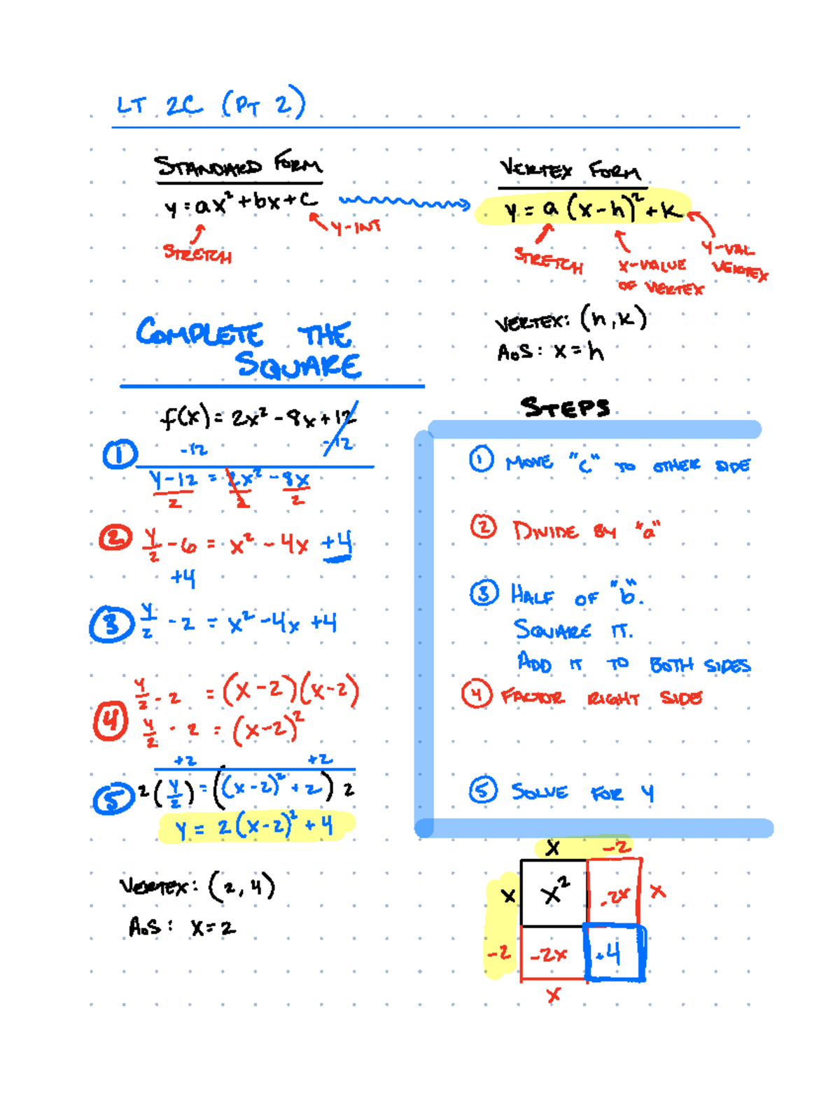 2C Notes (Pt 2) Complete the Square LT 2C Pt 2 STANDARD FORM VERTEX