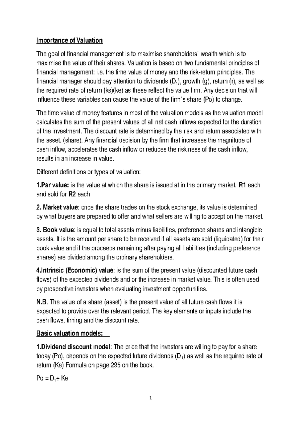 Valuation of Shares summaries and notes - Importance of Valuation The ...