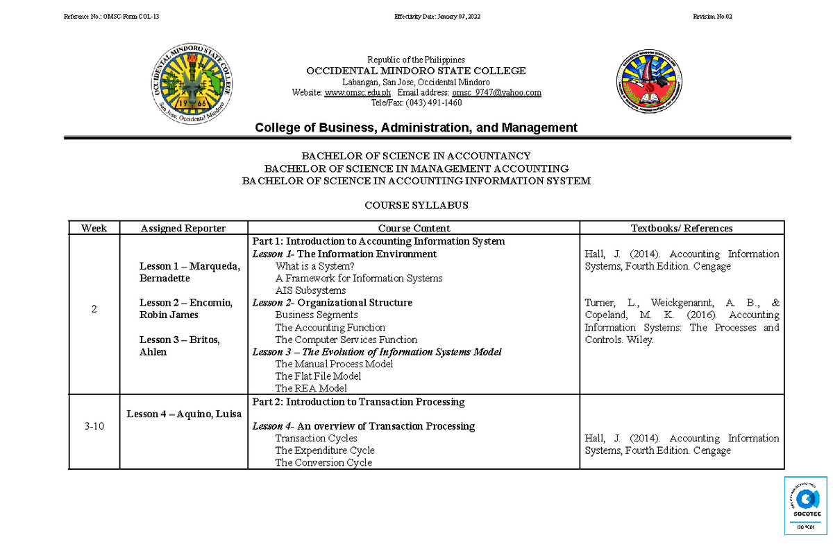 Class-Guide BSA-3A Accounting-Information-System - Reference No.: OMSC ...