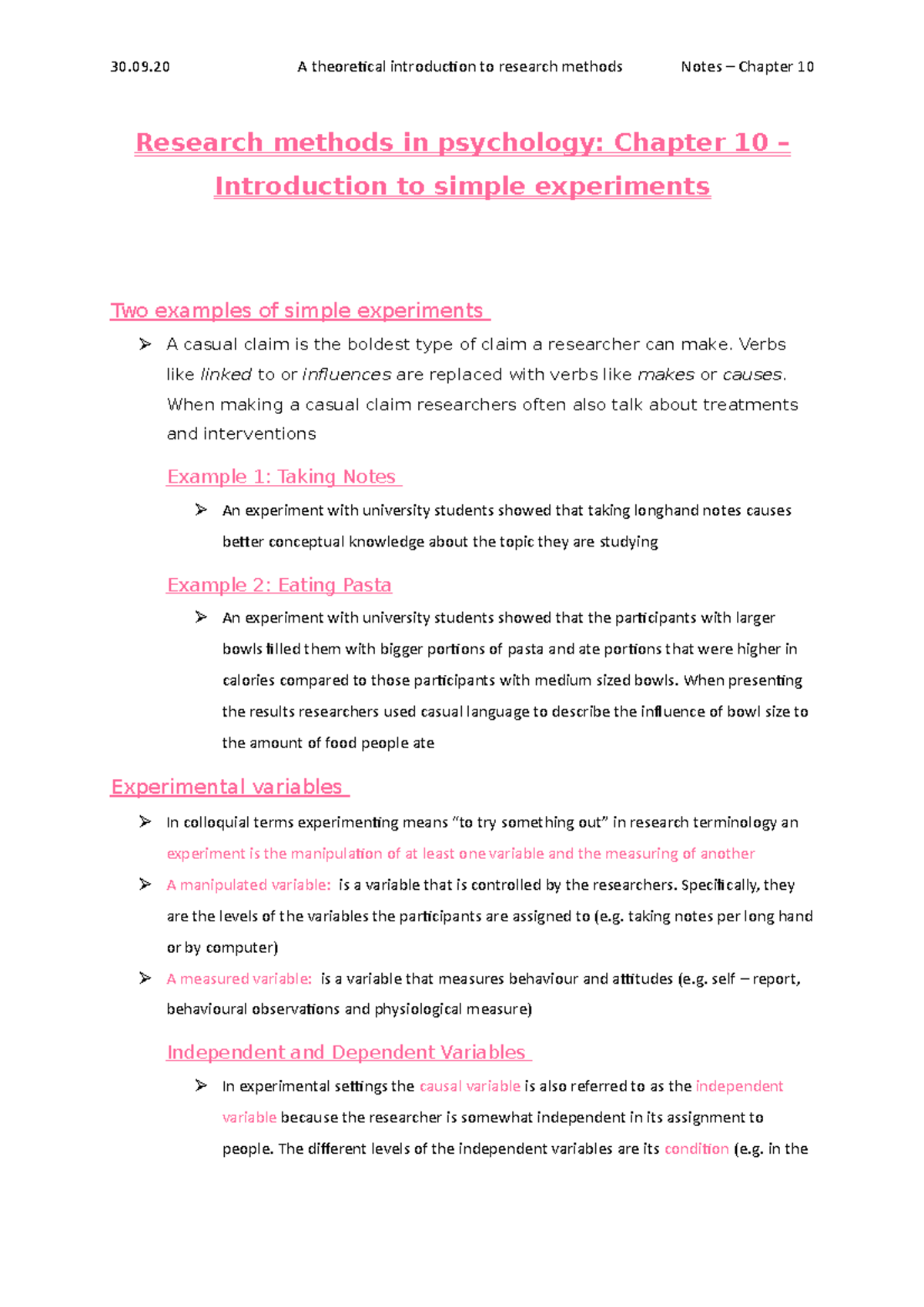 Notes Chapter 10 - Introduction to simple experiments - Research ...