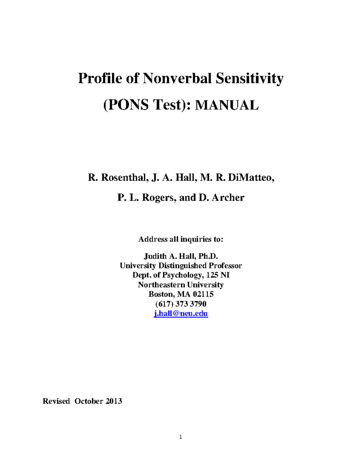 PONS inventory - dfs - Profile of Nonverbal Sensitivity (PONS Test ...