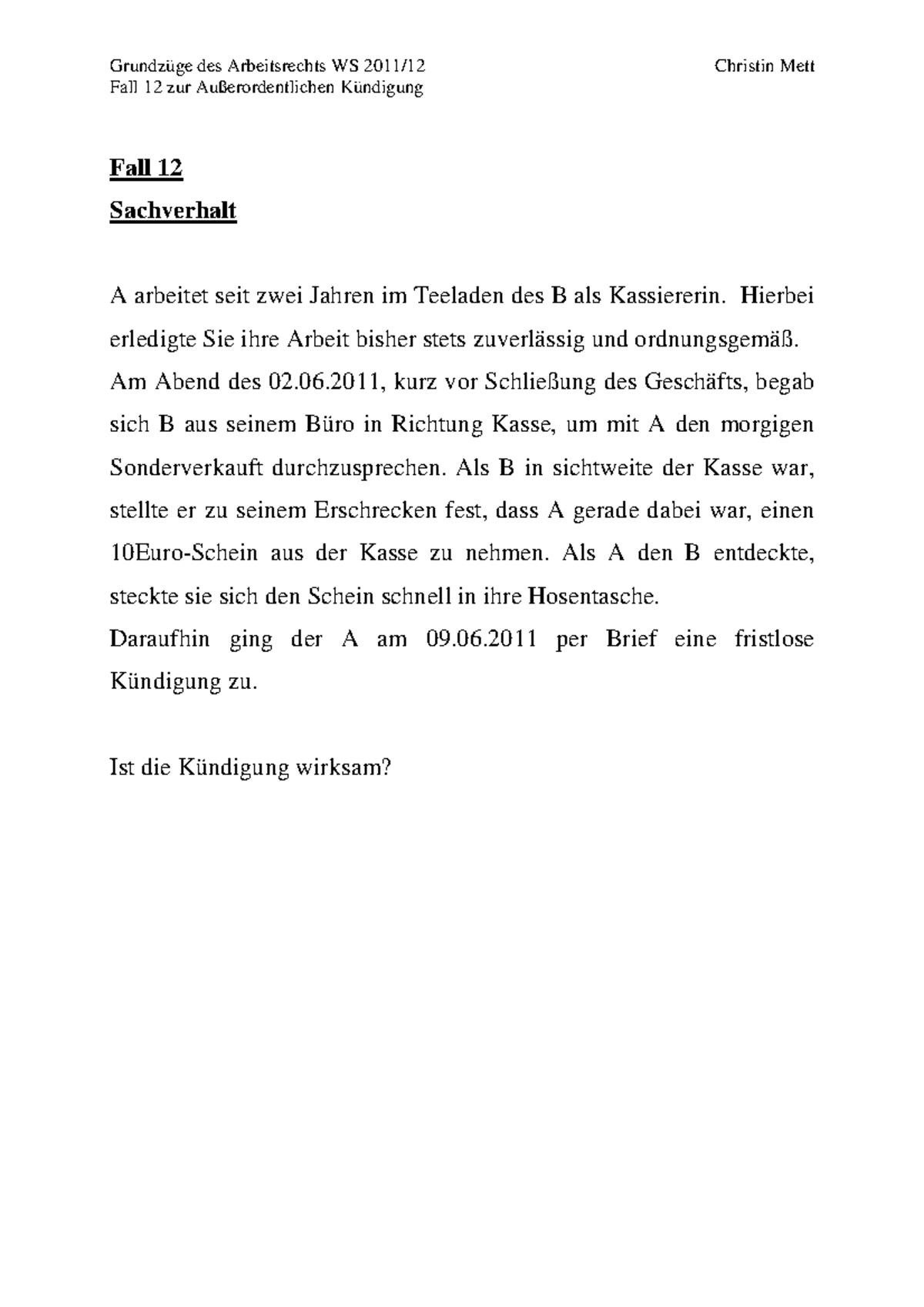 Fall 12 Ausserordentliche Kundigung 140071 Uni Jena Studocu
