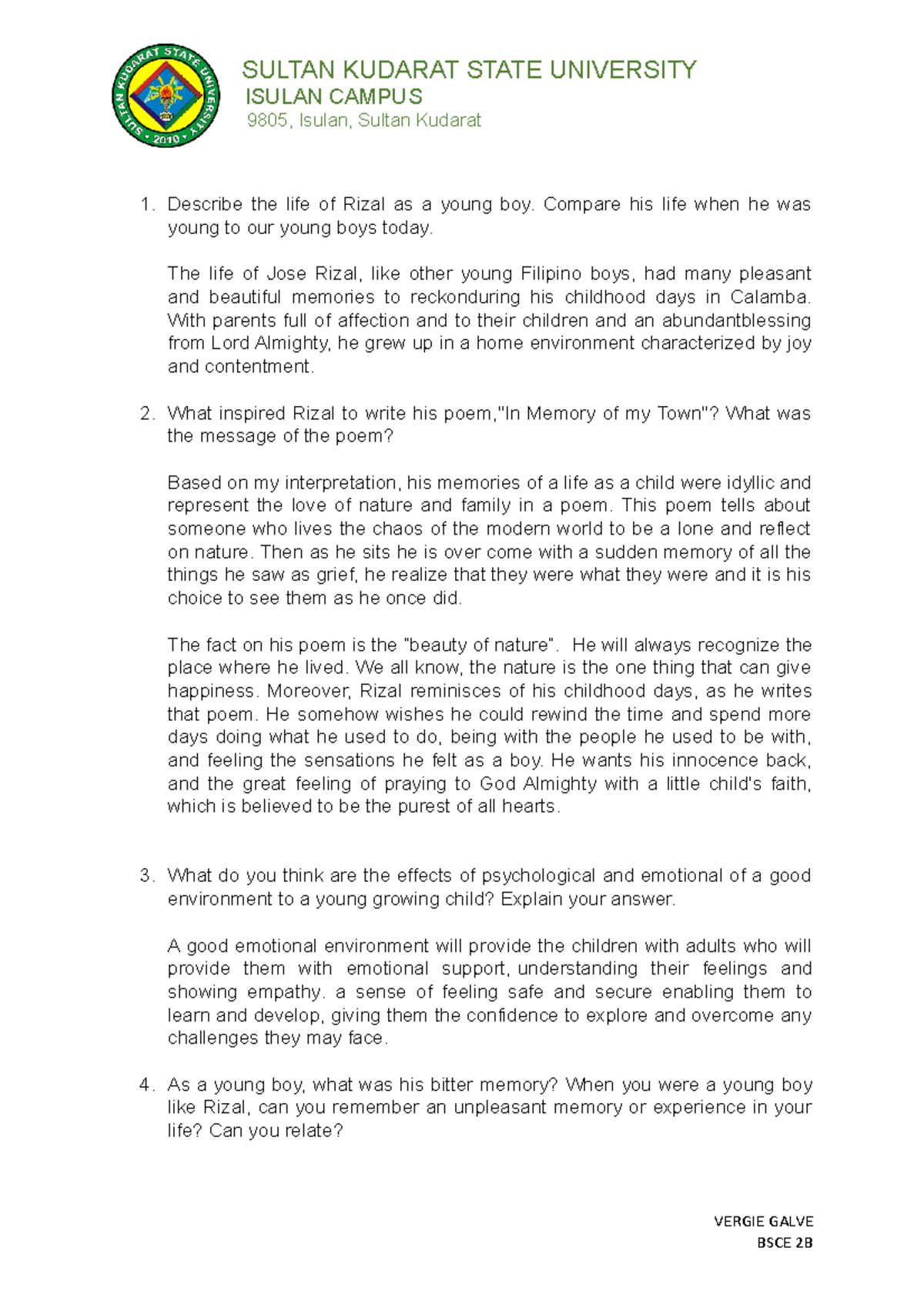 Describe the life of Rizal as a young boy - Compare his life when he ...