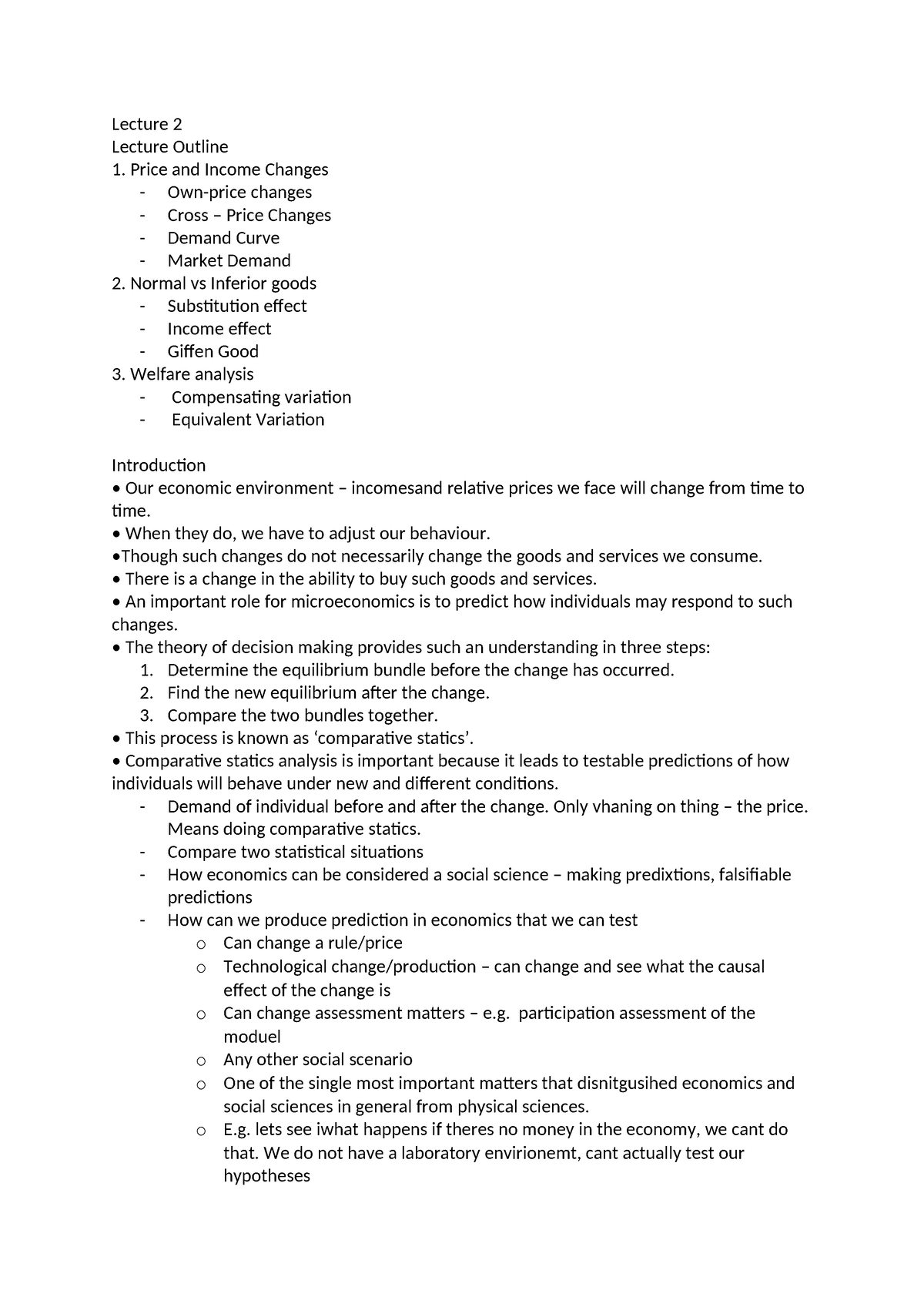 Lecture 2 - Lecture 2 Lecture Outline Price and Income Changes Own ...