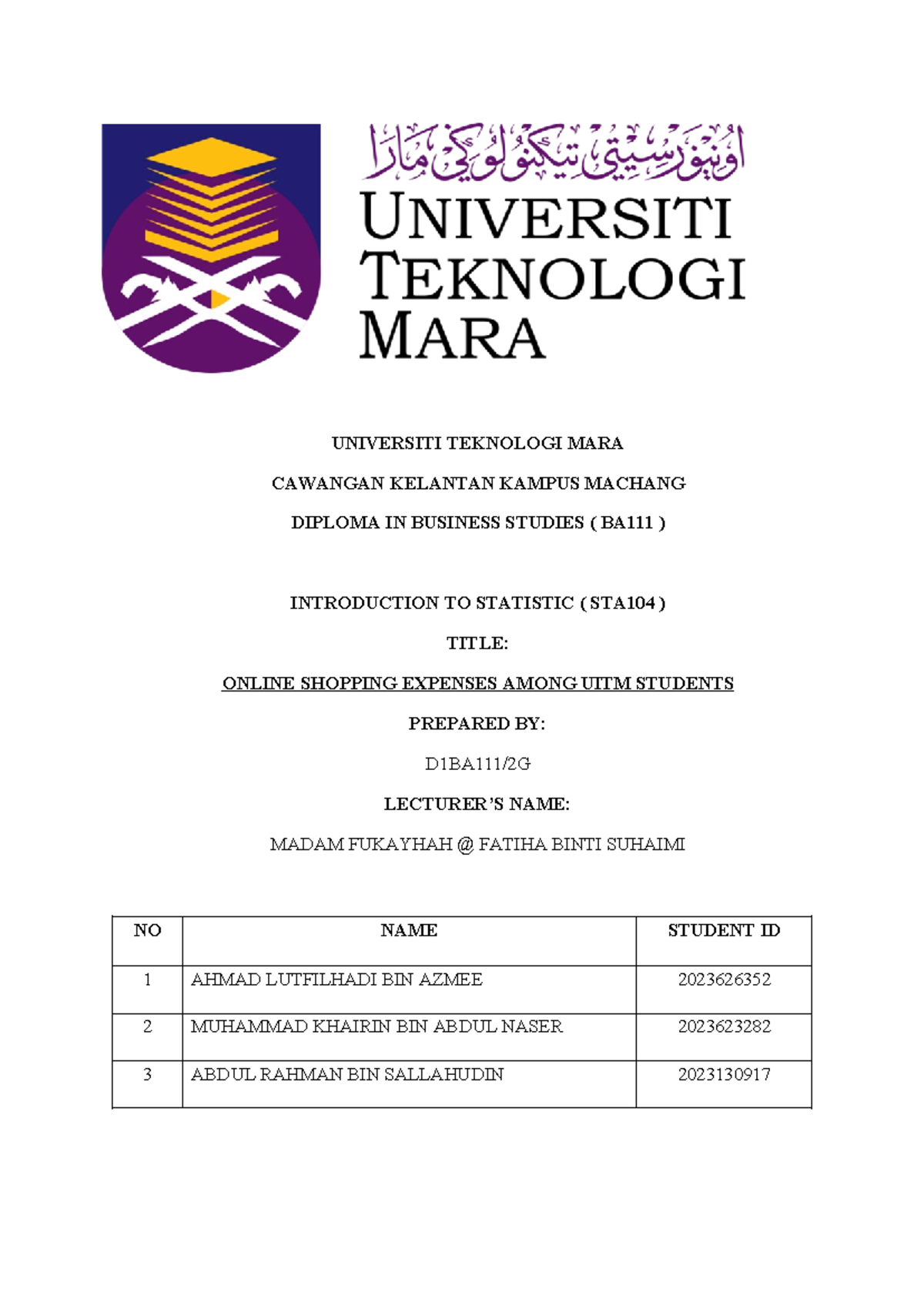 STA fhuhfuyegfyue - UNIVERSITI TEKNOLOGI MARA CAWANGAN KELANTAN KAMPUS ...