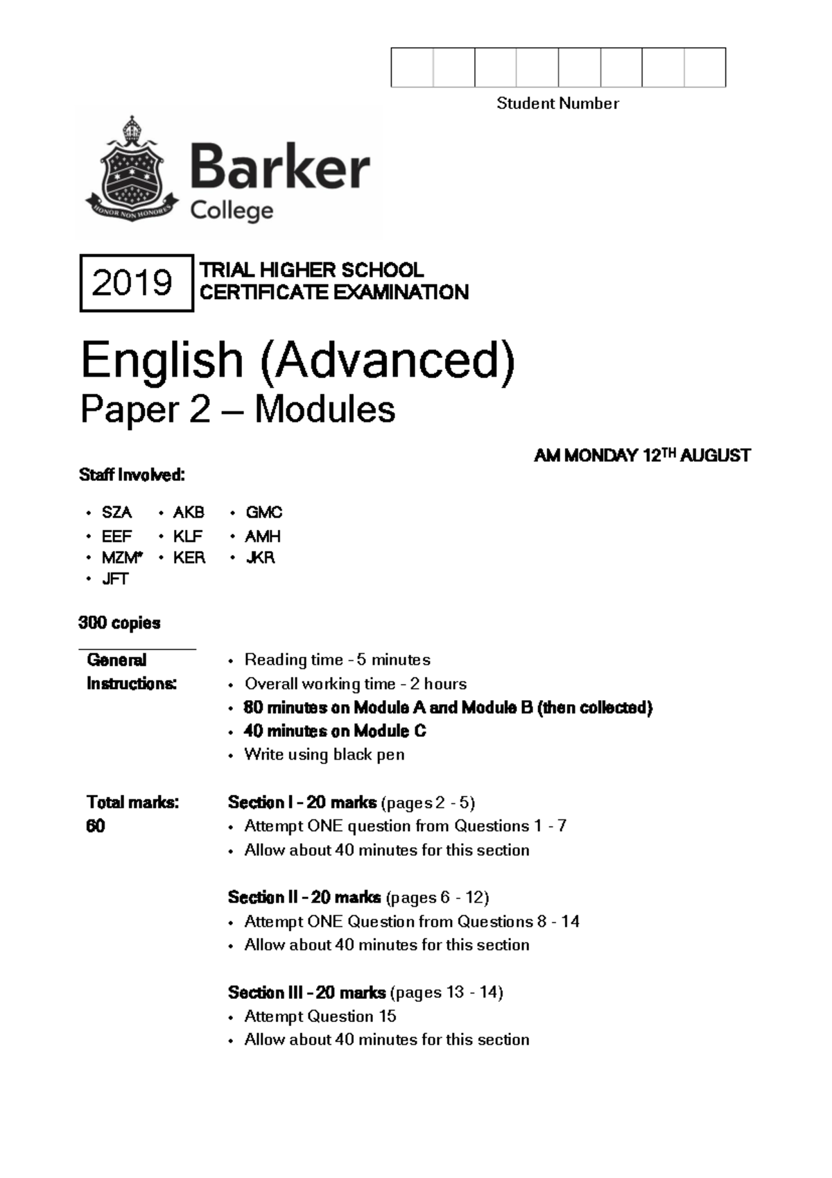 English Advanced Paper 1 2019 Sample Answers