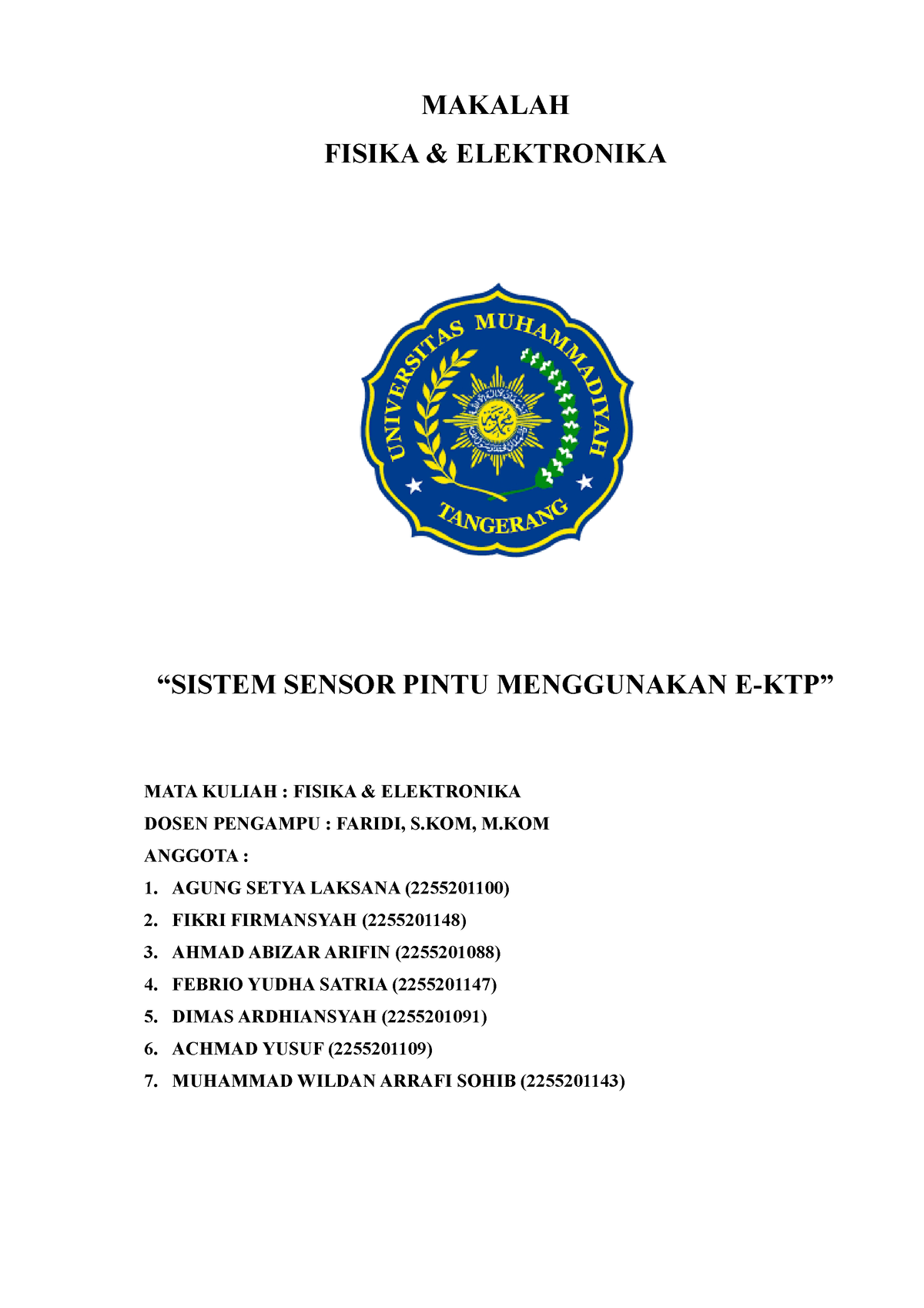 Project Arduino Makalah Fisika And Elektronika “sistem Sensor Pintu