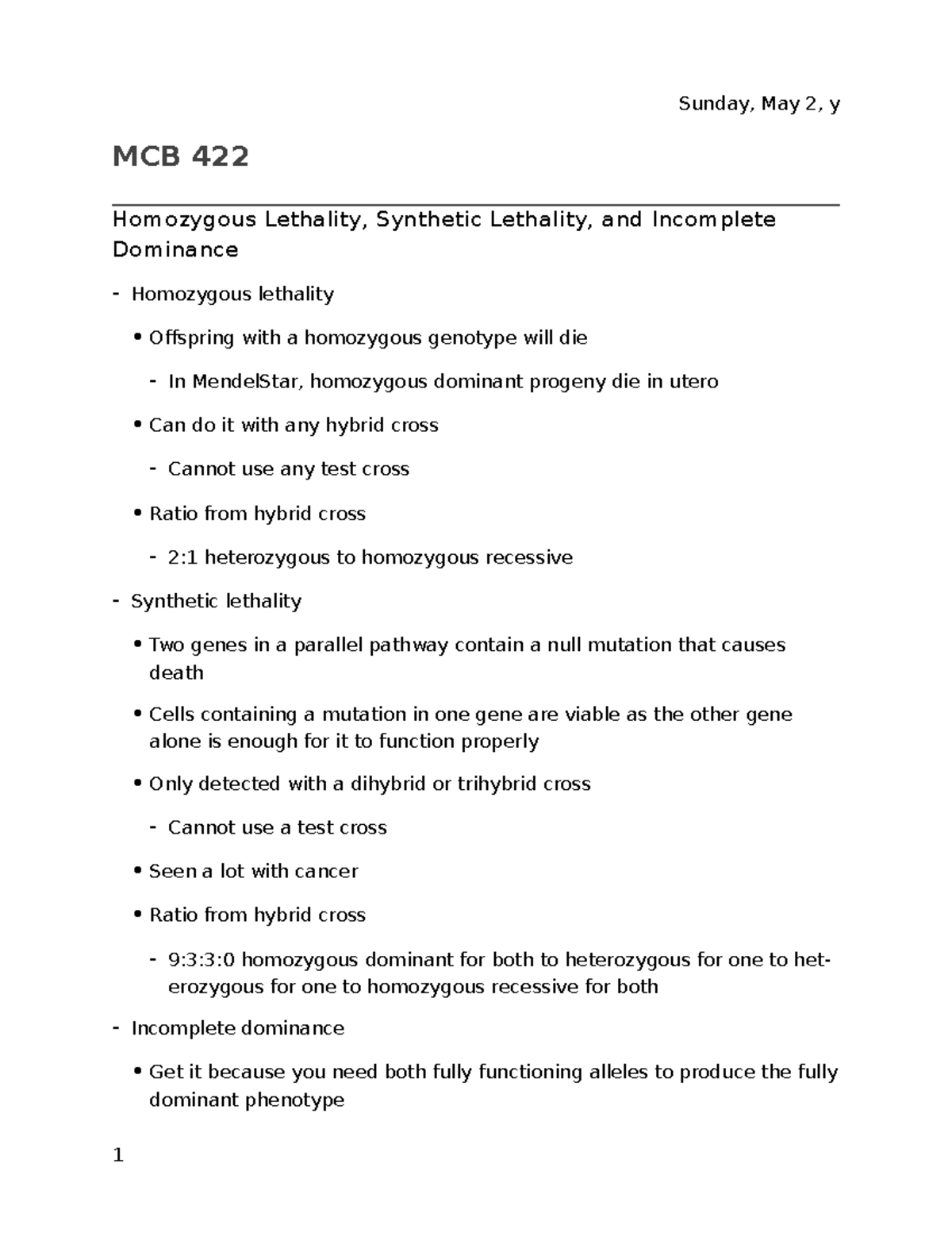 Lecture 5 - Homozygous Lethality, Synthetic Lethality, and Incomplete ...