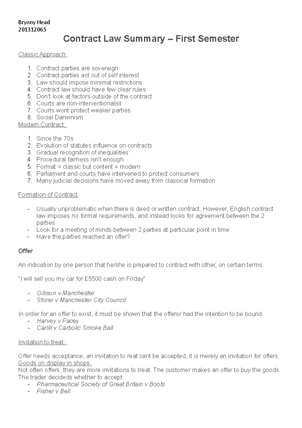 Contract Law Summary 1 201312065 Contract Law Summary First 