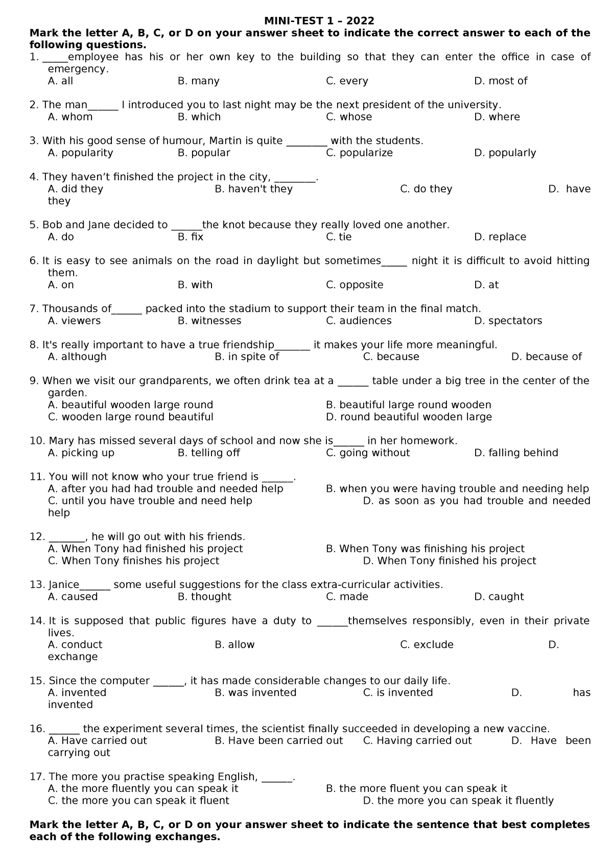 MINI TEST 1 ĐỀ - no need - MINI-TEST 1 – 2022 Mark the letter A, B, C ...