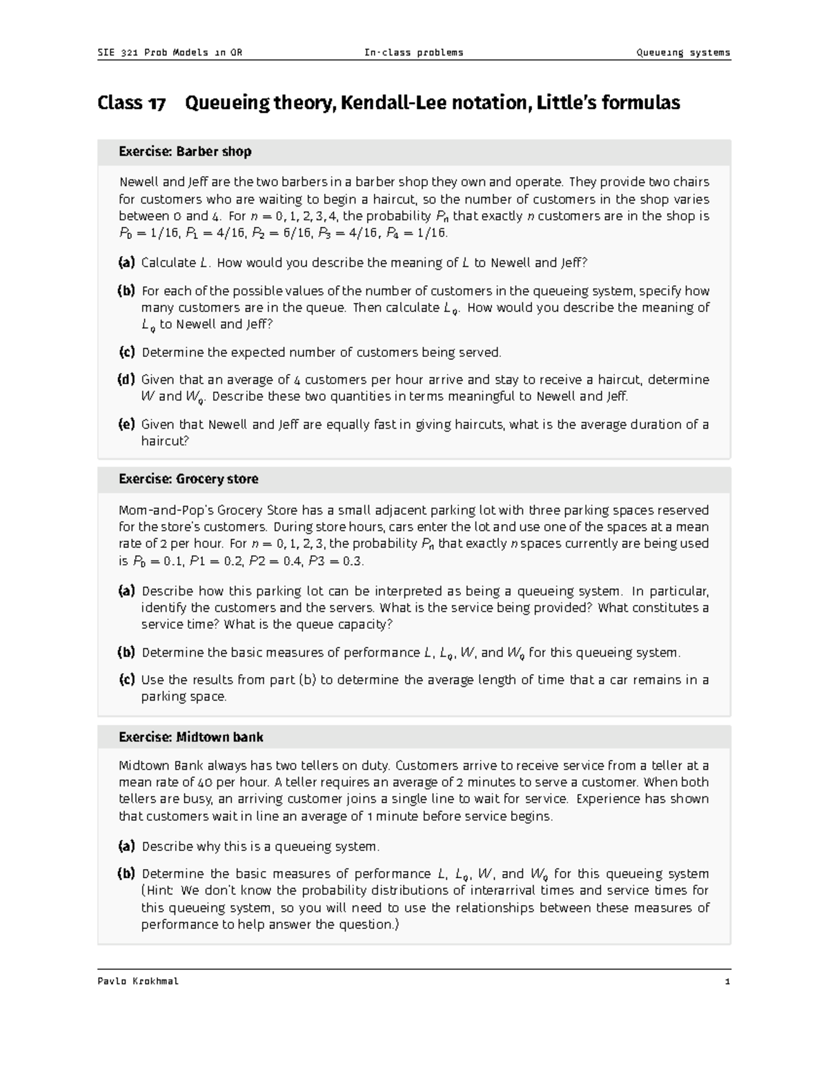 Module 4 - In-class Problems - Class 17 Queueing Theory, Kendall-Lee ...