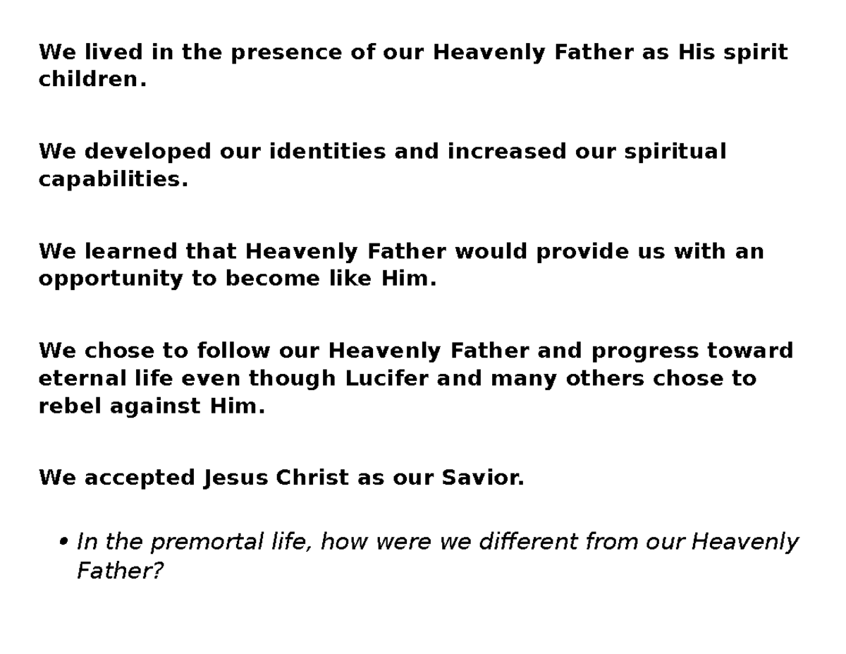 Seminary - Lesson 1 - We lived in the presence of our Heavenly Father ...