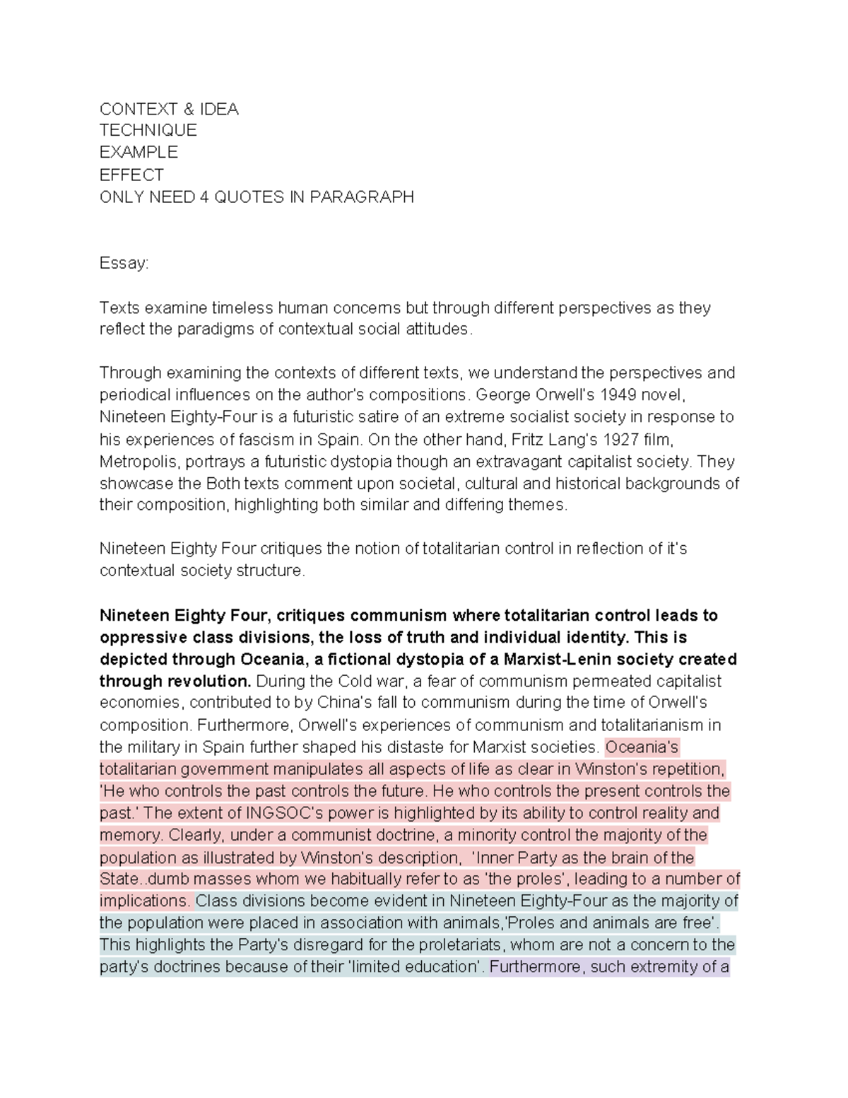 Essay on 1984 & Metropolis - CONTEXT & IDEA TECHNIQUE EXAMPLE EFFECT ...