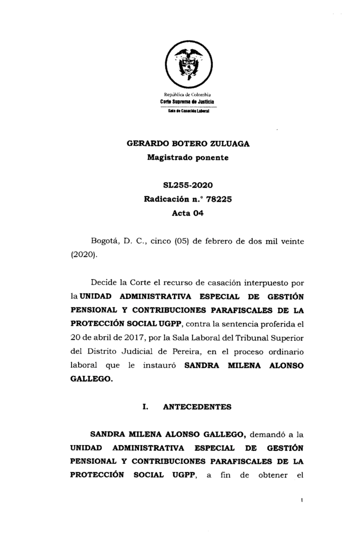 SL255-2020 - SL255-2020 - sentencia - República de Colombia Corte