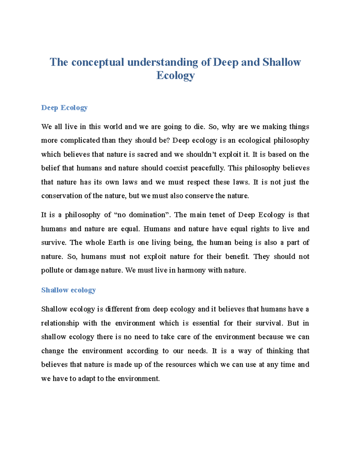 The conceptual understanding of Deep and Shallow Ecology - The ...