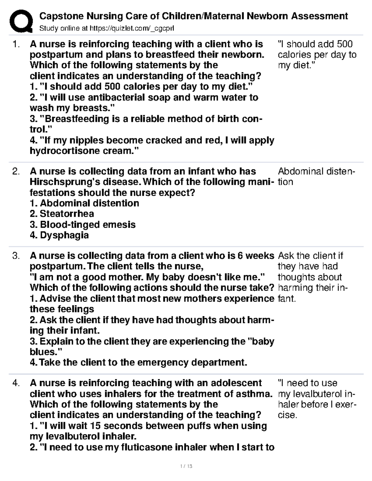 Maternal capstone Study online at quizlet/_cgcprl A nurse is