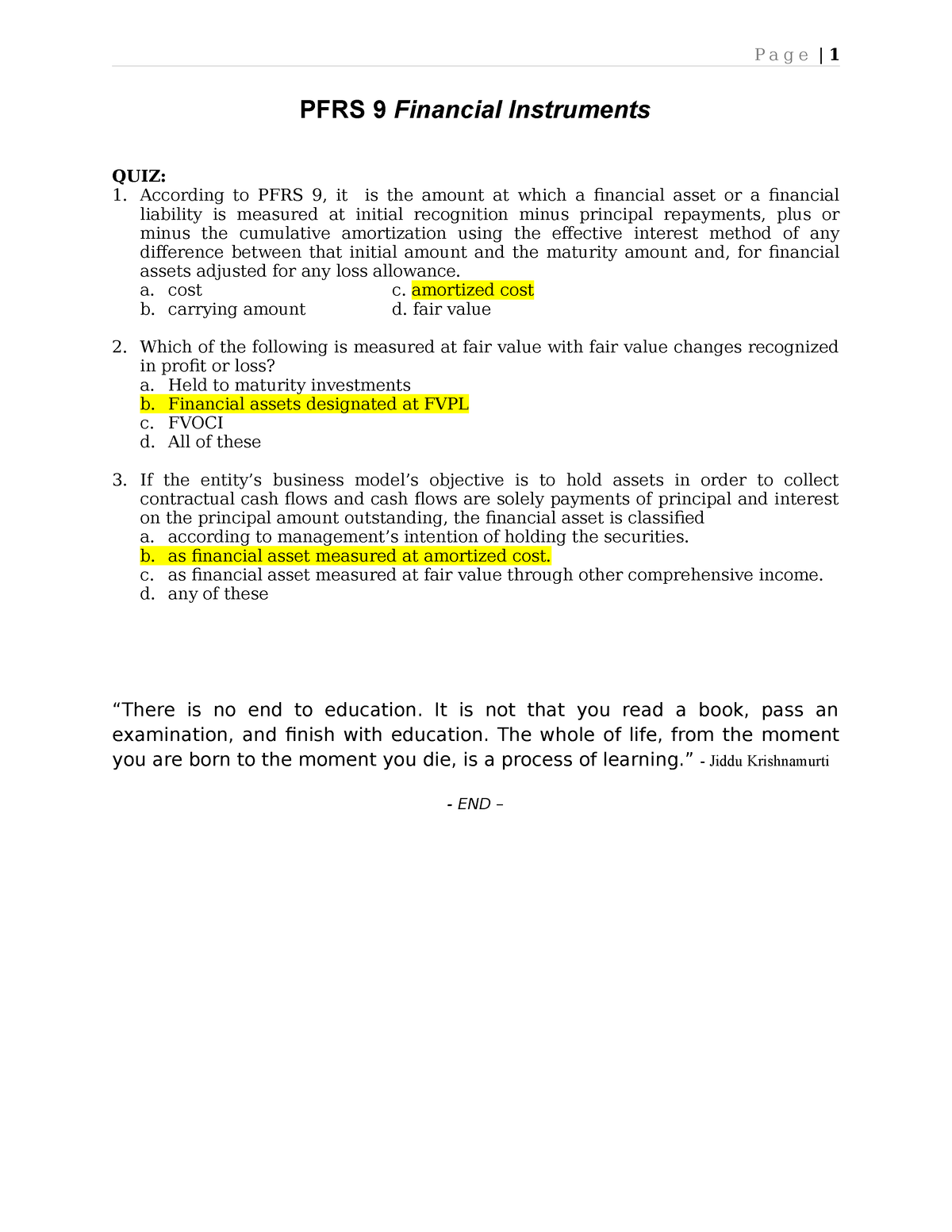 QUIZ PFRS 9 Financial Instruments - P A G E | 1 PFRS 9 Financial ...