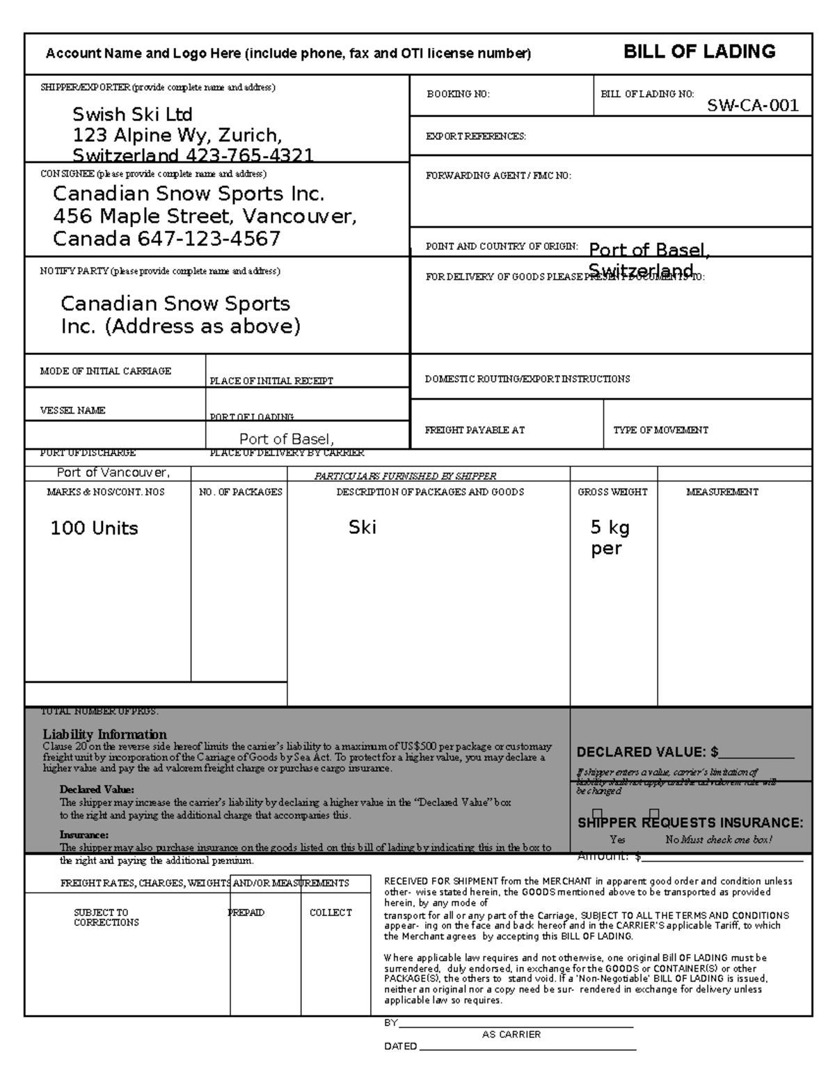 Bill of lading 08 Account Name and Logo Here include phone fax