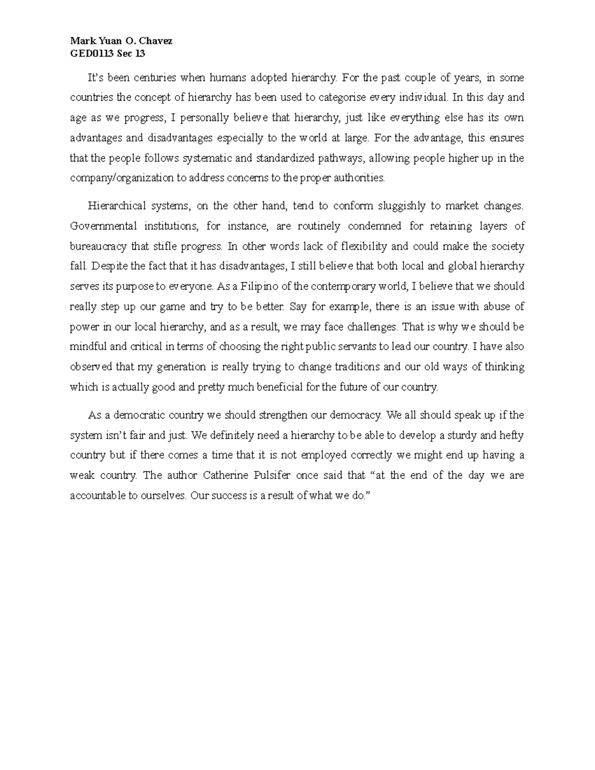 reflective essay about hierarchy in the philippines - Mark Yuan O ...