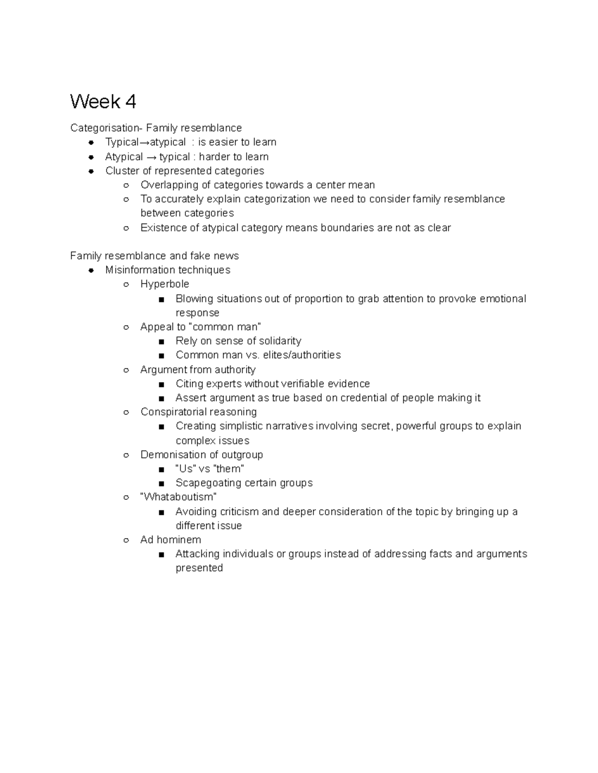 Week 4 tutorial notes - Week 4 Categorisation- Family resemblance ...