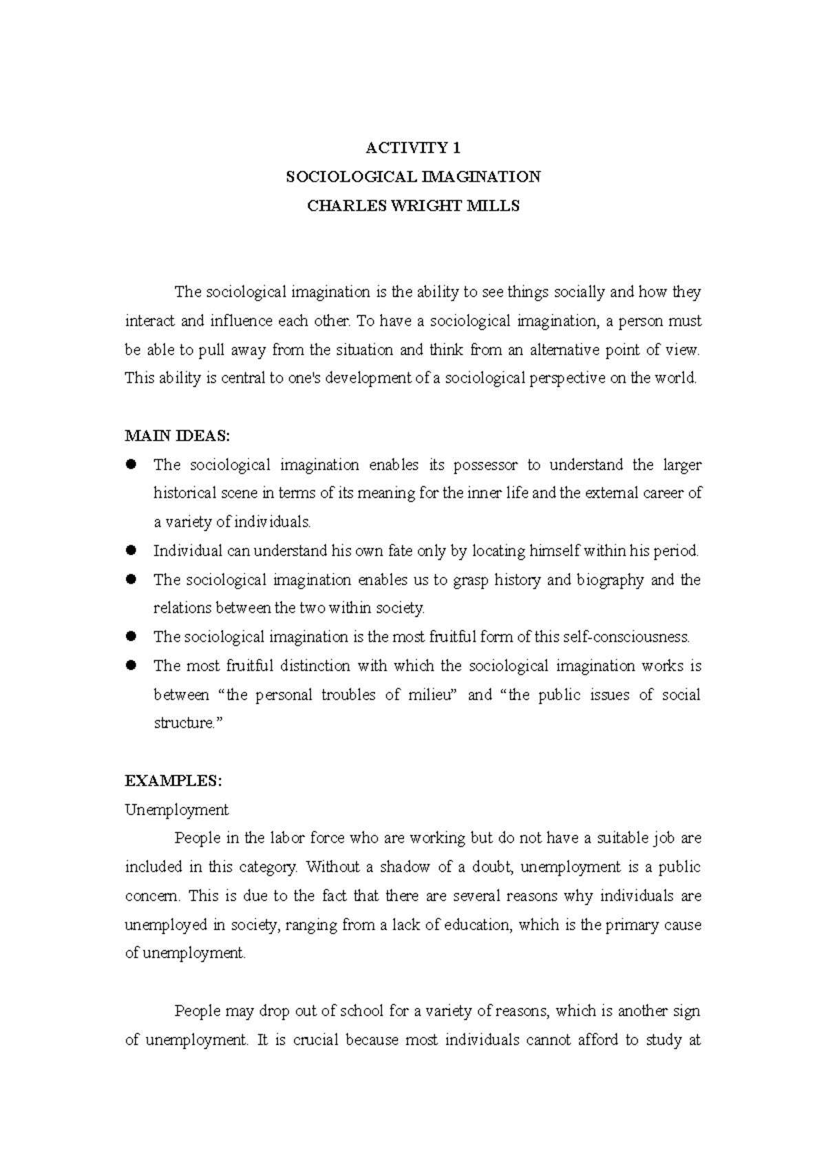 Twc Act 1 - Sociological Imagination Charles Wright Mills - Activity 1 