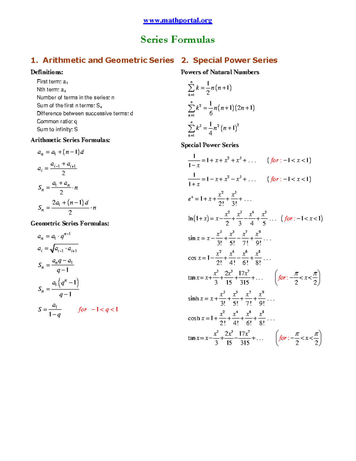 Series formulas - Good - mathportal Definitions: - Studocu