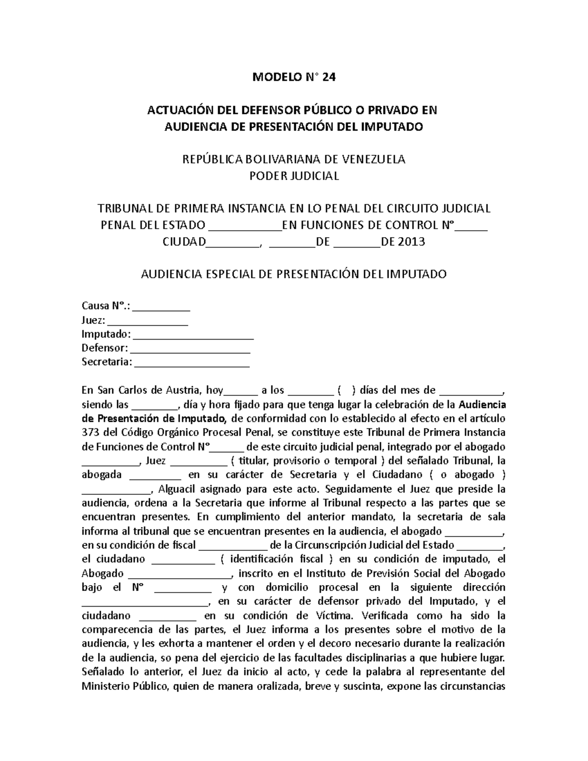 Actuación Del Defensor Público O Privado En Audiencia Modelo N° 24