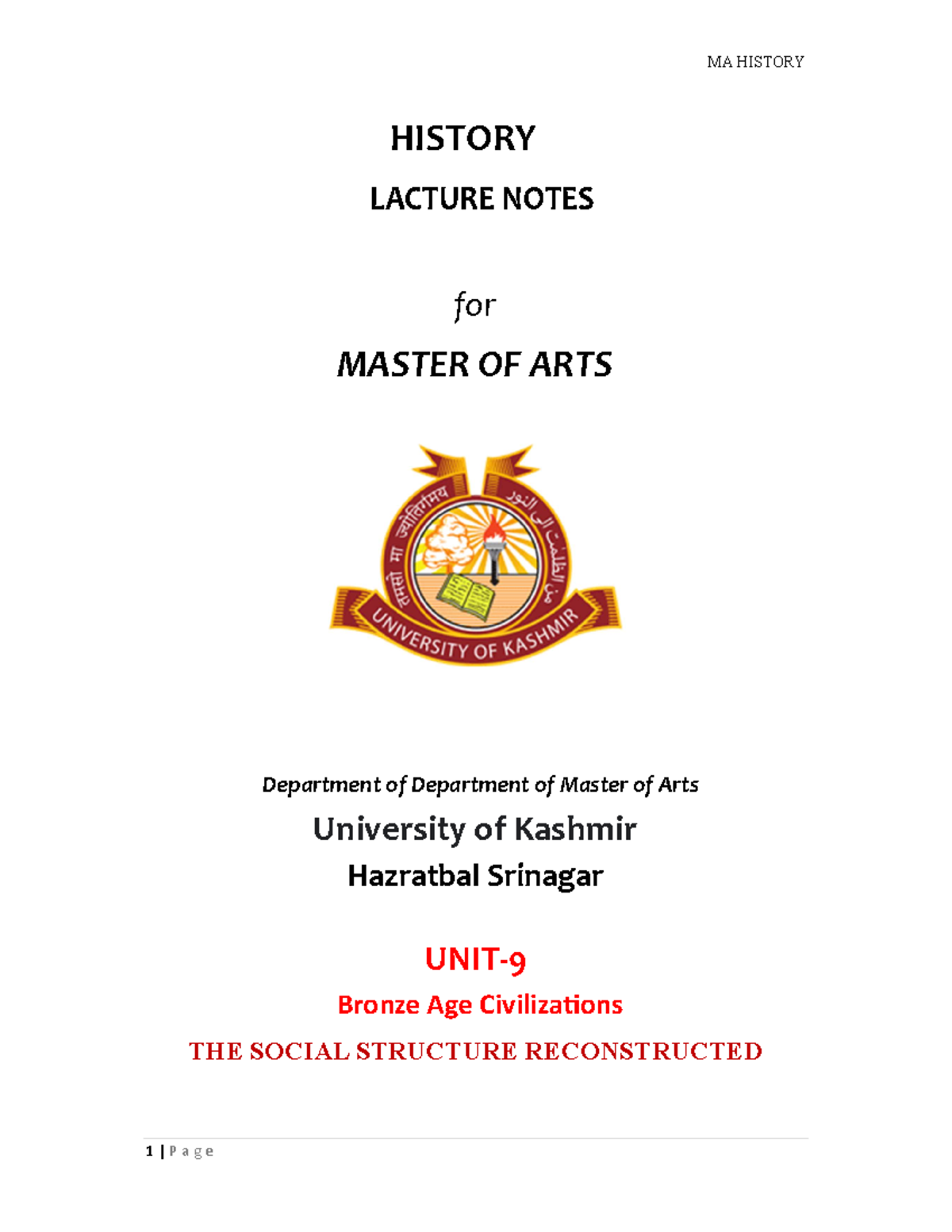 MA History UNIT 9 Bronze Age Civilizations THE Social Structure