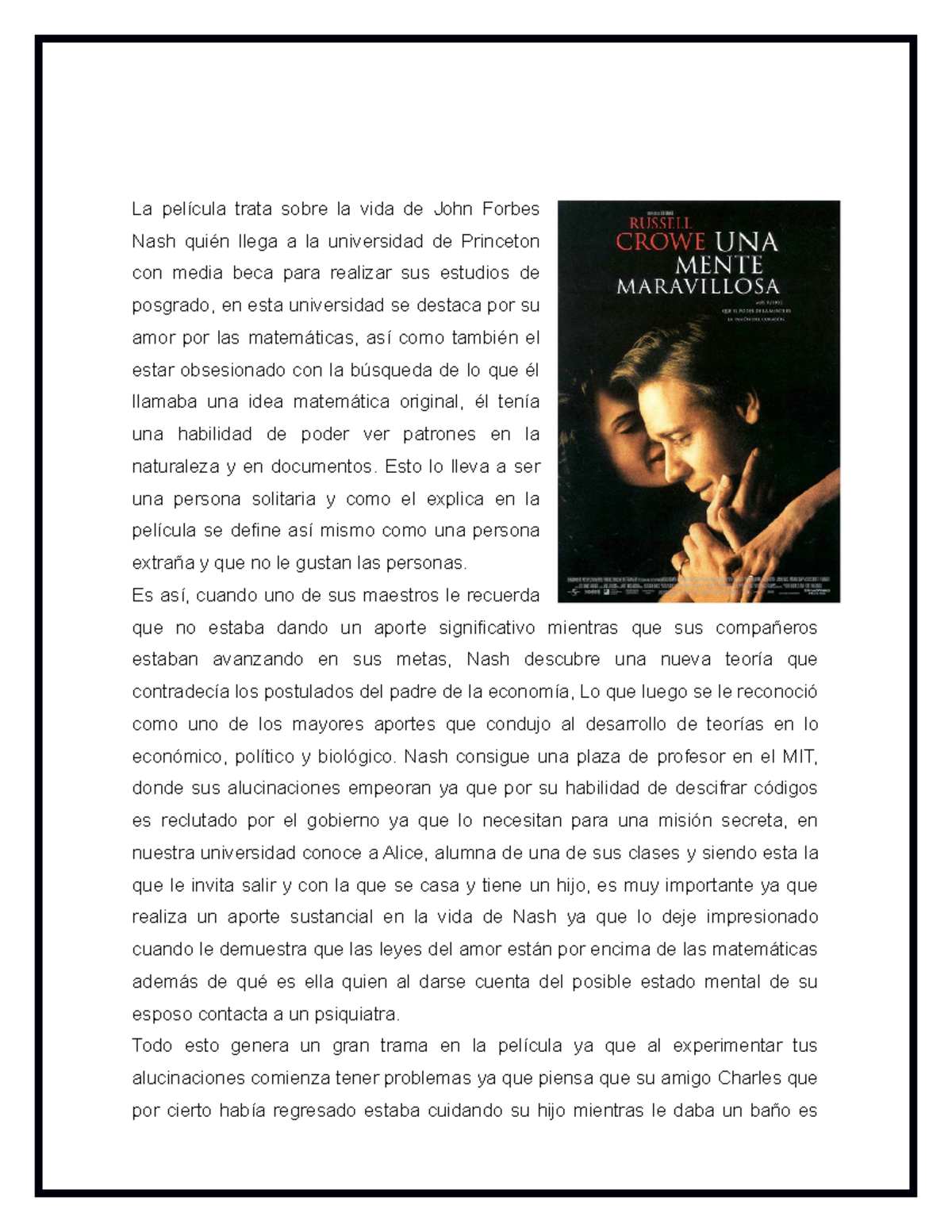 Una mente brillante - Reseña de ezquizofrenia - La película trata sobre