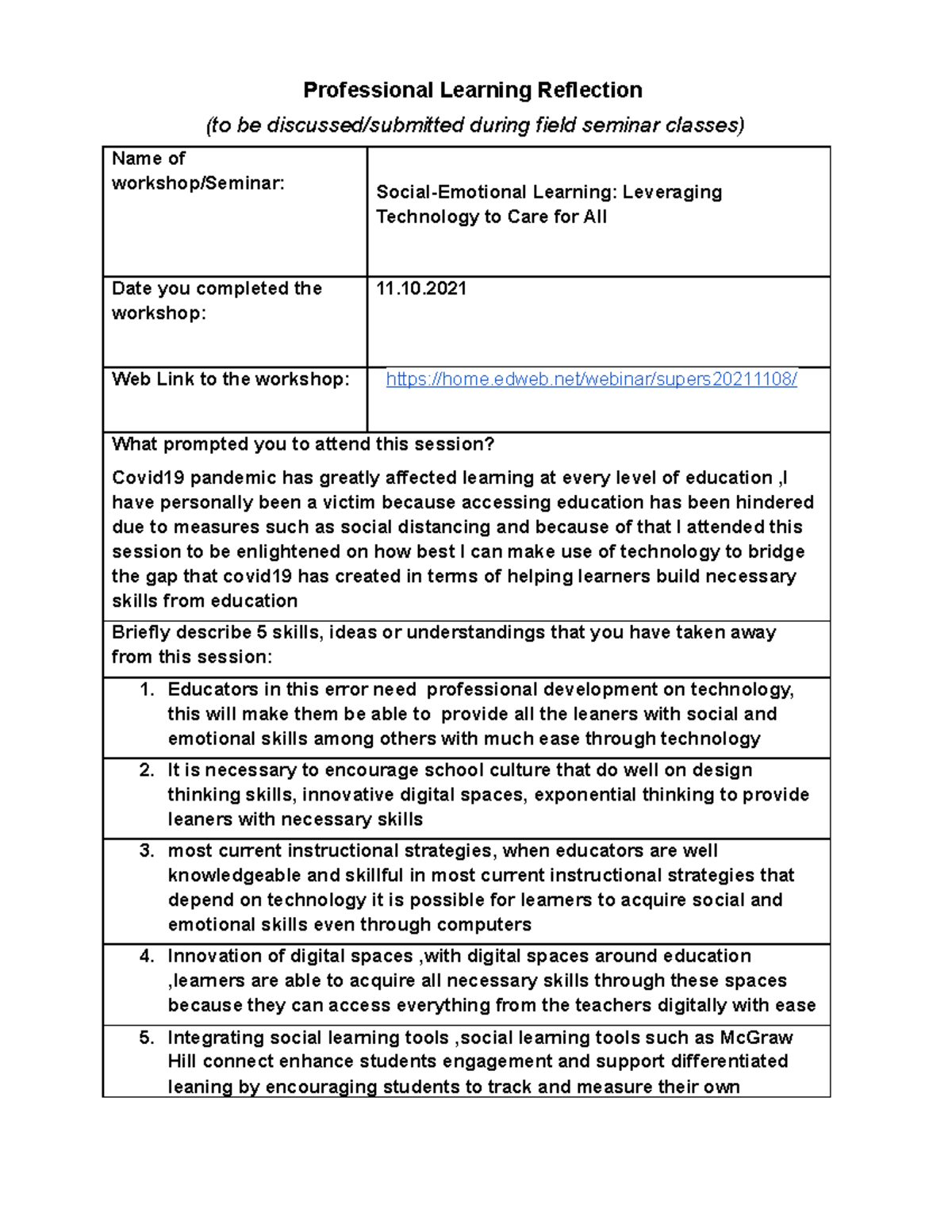 Professional Learning Reflection 3  Link to the home