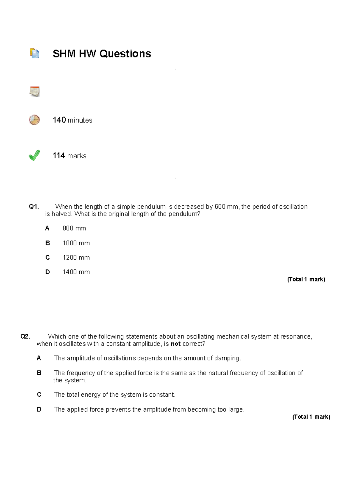 A2-SHM - Physics A2 essays questions example - SHM HW Questions 140 ...