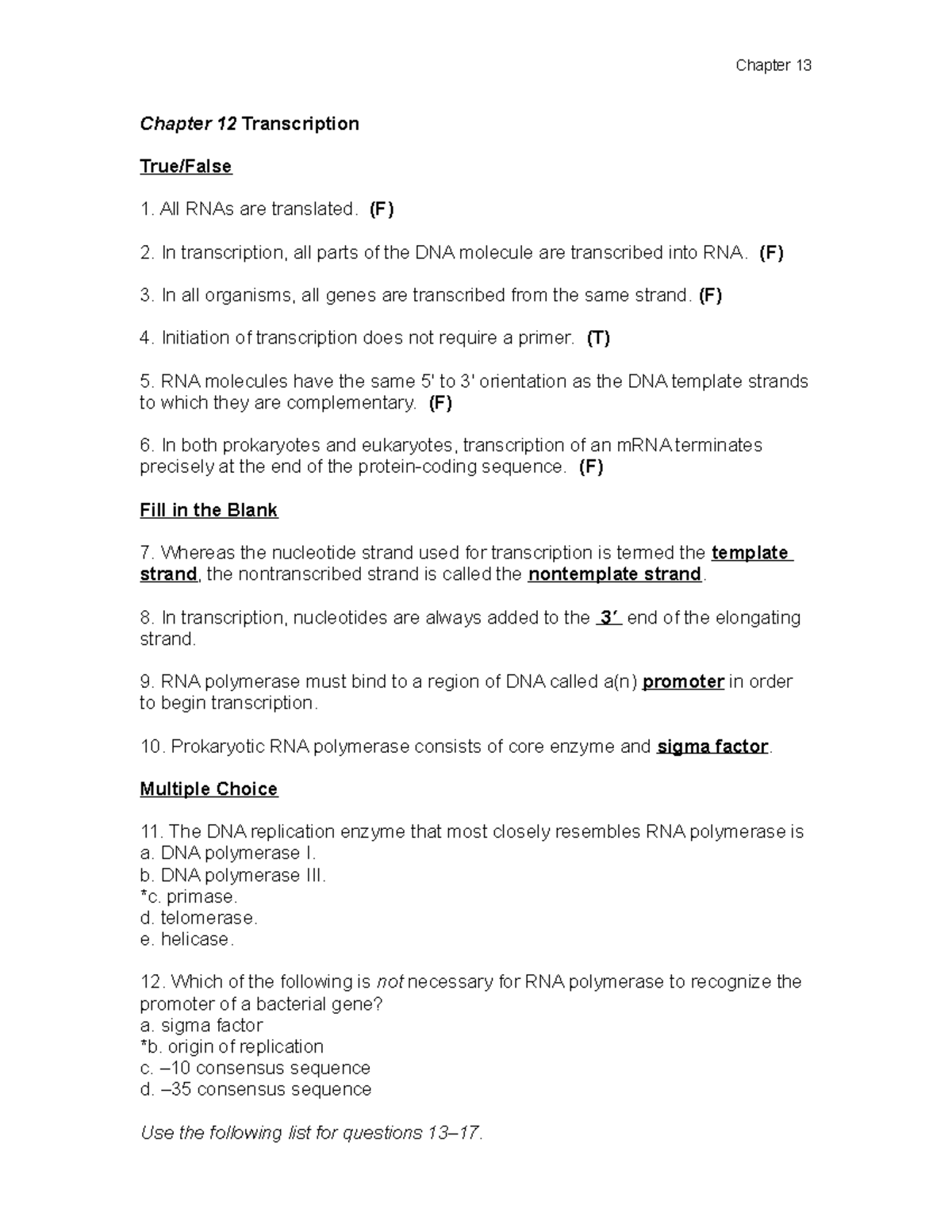 Chapter 12 Homework - Lecture note - Chapter 12 Transcription True ...