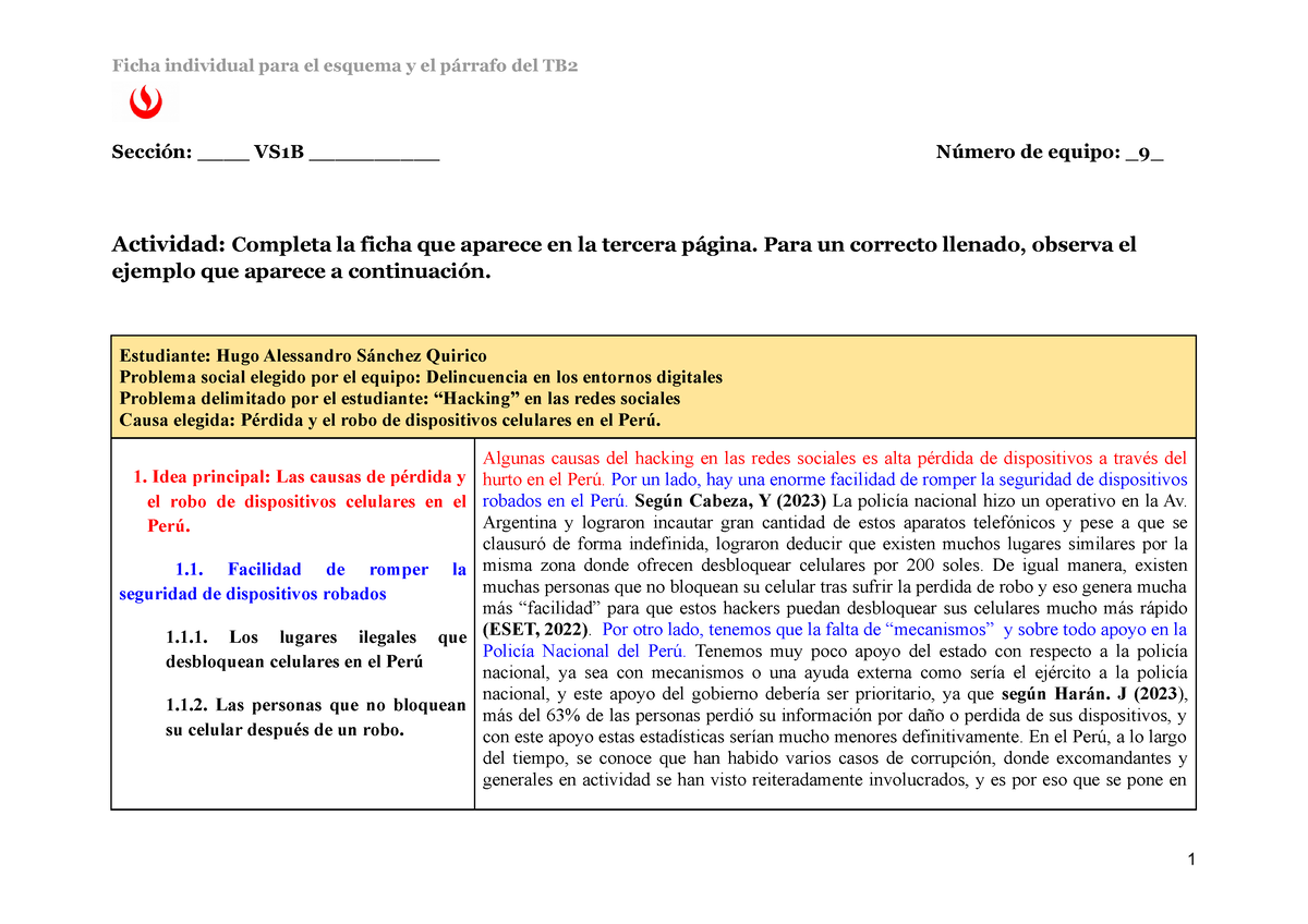 TB2 Hugo Sánchez Quirico VS1B - Ficha Individual Para El Esquema Y El ...