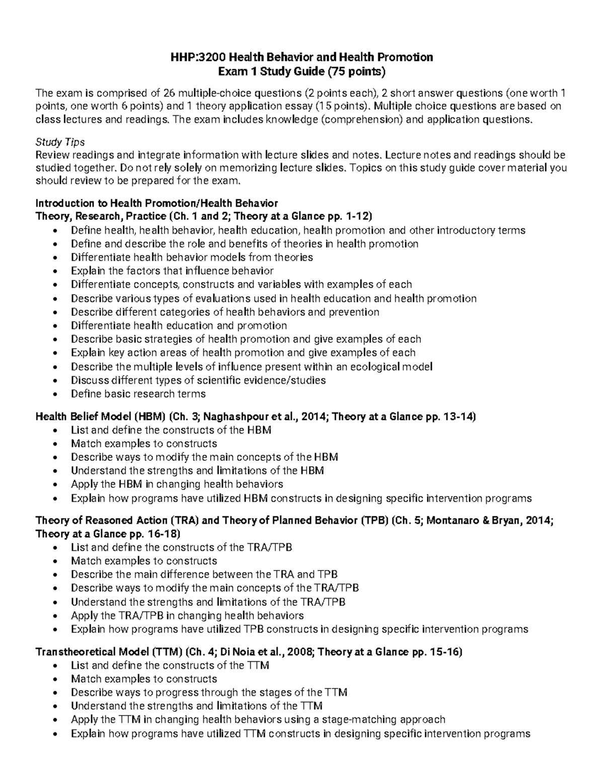 Exam 1 Study Guide HHP3200 Health Behavior and Health Promotion Exam