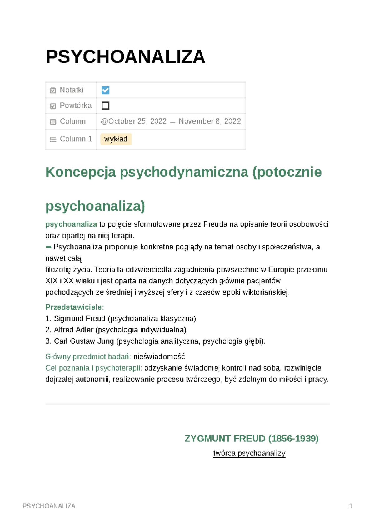 Psychoanaliza - PSYCHOANALIZA Notatki Powtórka Column Column 1 Wykład ...