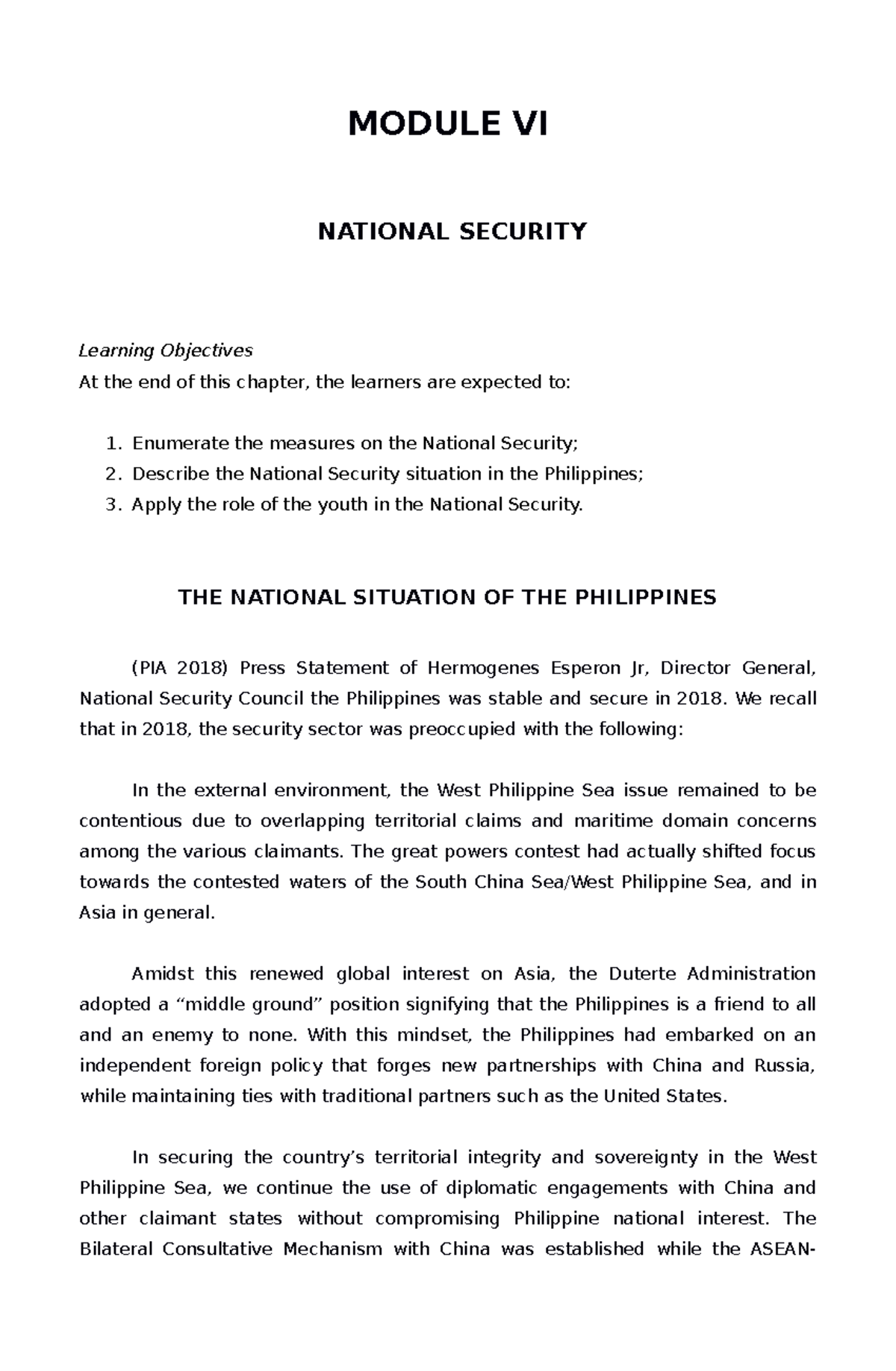 NSTP Module Lesson6 MODULE VI NATIONAL SECURITY Learning Objectives