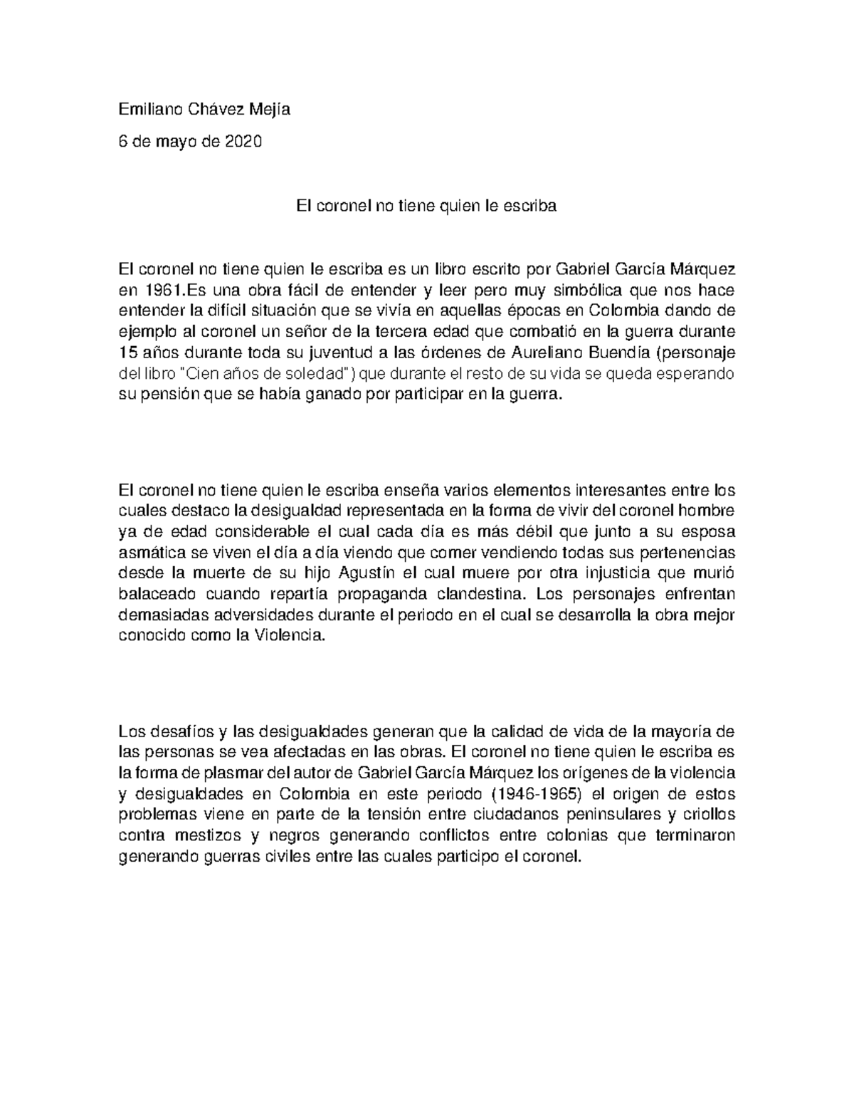 El Coronel No Tiene Quien Le Escriba Es Una Obra Facil De Entender Y Leer Pero Muy Simbolica Que Studocu