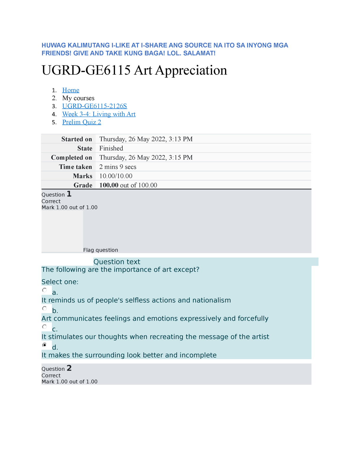 Prelim Quiz 2 - UGRD-GE6115 Art Appreciation - Don't Forget To Like And ...